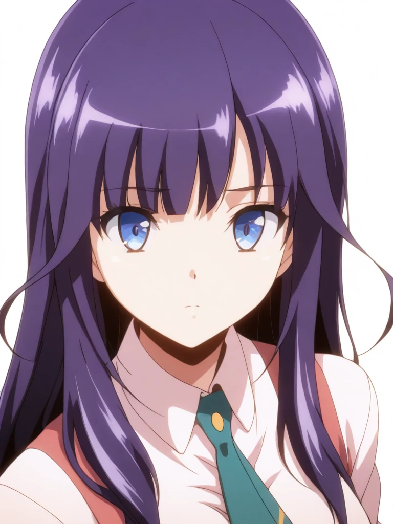 solo,anime coloring,looking at viewer,masterpiece,high score,great score,absurdres,portrait,white background,<lora:ShizuruMinase ag4o:1> shizuruminase, purple hair, long hair, blue eyes,school uniform,necktie,