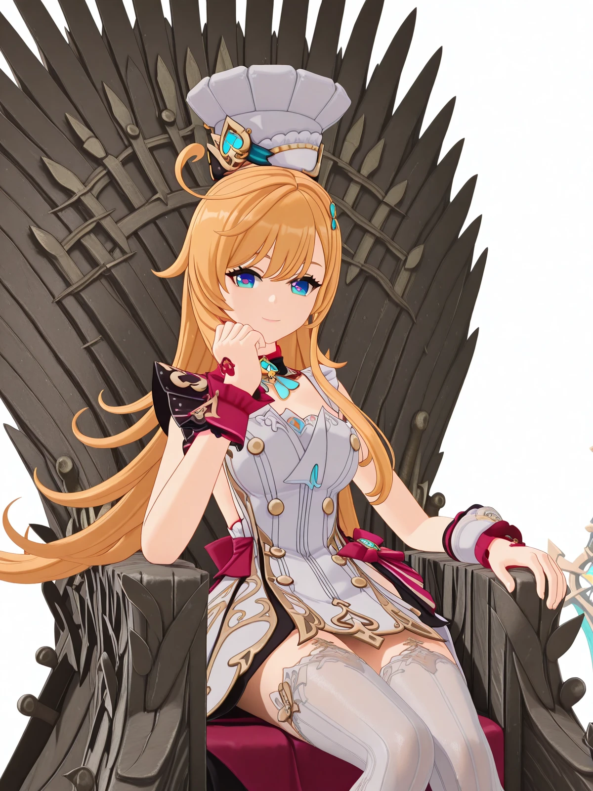 masterpiece, best quality, amazing quality,, <lora:genshin-escoffier-ingame-illustriousxl-lora-nochekaiser:1>, escoffier, escoffier (genshin impact), long hair, blue eyes, blonde hair, hair ornament, very long hair, ahoge, mature female, breasts, 3d, dress, thighhighs, hat, sleeveless, white dress, white thighhighs, wrist cuffs, white headwear, chef hat, <lora:iron-throne-illustriousxl-lora-nochekaiser:1>, iron throne, sitting, looking at viewer, sword, throne, sitting on throne, smile, feet out of frame, elbow rest, power plant, machinery, smoke, energy, workers, cowboy shot, solo, looking at viewer, <lora:transparent-background-illustriousxl-lora-nochekaiser:1>, transparent background, simple background, white background