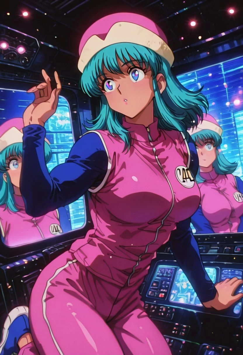 PonzuHxH, 1girl, solo, turquoise hair, medium hair, pink hat with white flaps, bangs, sidelocks, large eyes, blue eyes, lips, pink jacket with blue sleeves, large breast, thick thighs, pink baggy pants, blue shoes,
masterpiece, best quality, fine details, intricate details, depth of field, subsurface scattering, bokeh, ultra-detailed, very aesthetic, detailed background, newest, scenery, highres, absurdres, colorful, vibrant, glowing, perfect face, 2d, perfect eyes, vibrant saturated colors, volumetric lighting, sharp, detailed eyes, perfect anatomy, perfect face, perfect eyes, mature body, clear eyes, beautiful eyes, athletic, curvy body, athletic girl, perky tits, perfect tits, round breasts, pinup pose, teasing, lustful expression, perfect hands,
muscular female, dutch angle, dynamic pose,
,Smooth Negative, Smooth_Quality,
retro_celestial_scifi, retro artstyle