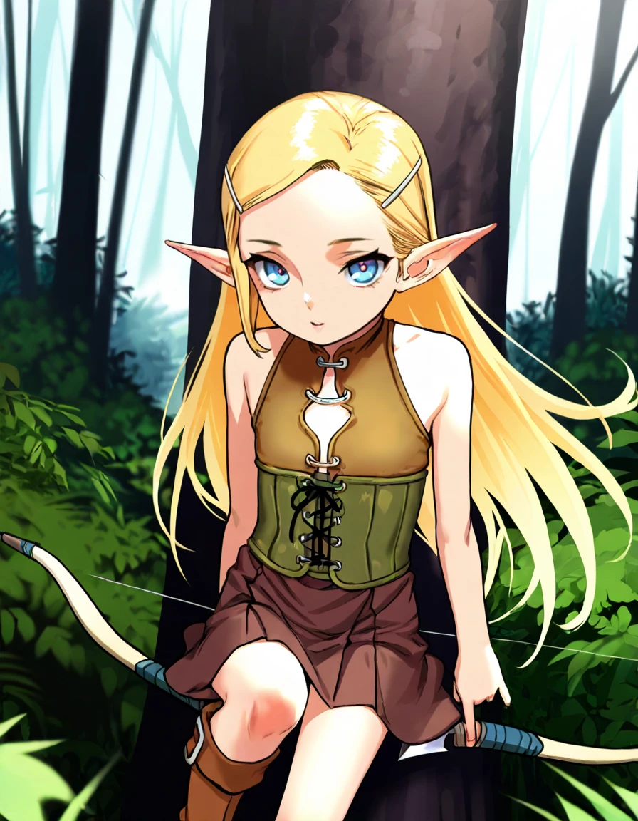 parted lips, gentle smile, sundress, half top body view, looking at viewer, solo, masterpiece, best quality, solo, elf girl, blond hair, long hair, blue eyes, hair ornament, pointy ears, petite girl, flat , leather corset, parted lips, upper teeth,
flat , slender, brown skirt, kneehigh boots, leather skirt, forest, bow \(weapon\), arrow, sleeveless,
<lora:elf_happening:1.0> ,