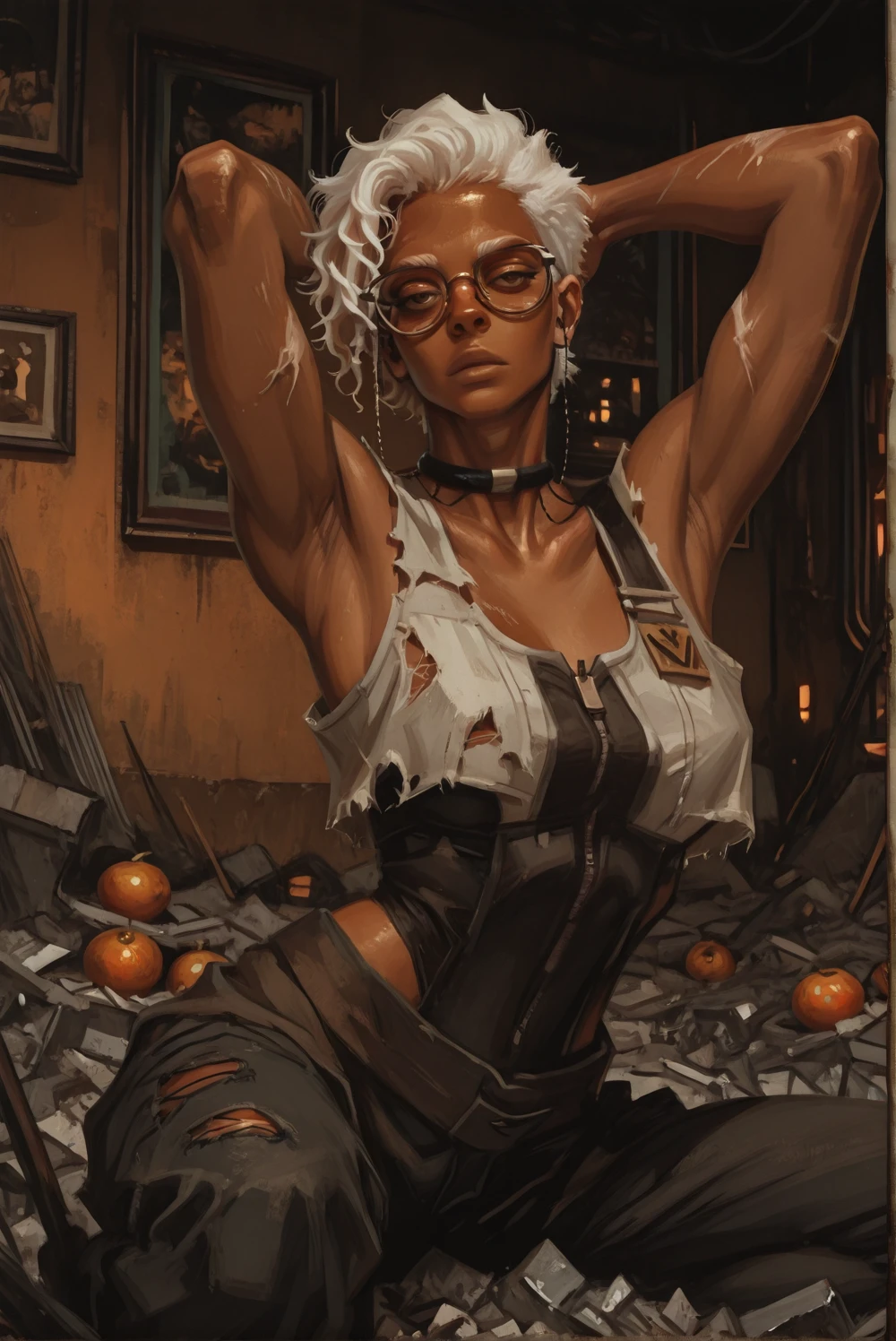,lazypos, <lora:Semiu_Grier_from_Gachiakuta__Villys_LoRa-000006:1> glasses, manga-style, dark-skinned, Semiu Grier lounging on a pile of scrap metal in the Abyss, relaxed but alert pose, one knee raised, arms behind her head, showing off her toned physique, dark skin contrasted against the muted oranges and teals of the environment, white curls framing her face, ripped clothing revealing subtle skin, atmospheric lighting with a hint of neon glow from distant junk, ultra-detailed anime style, cinematic composition <lora:NIJI:1> niji