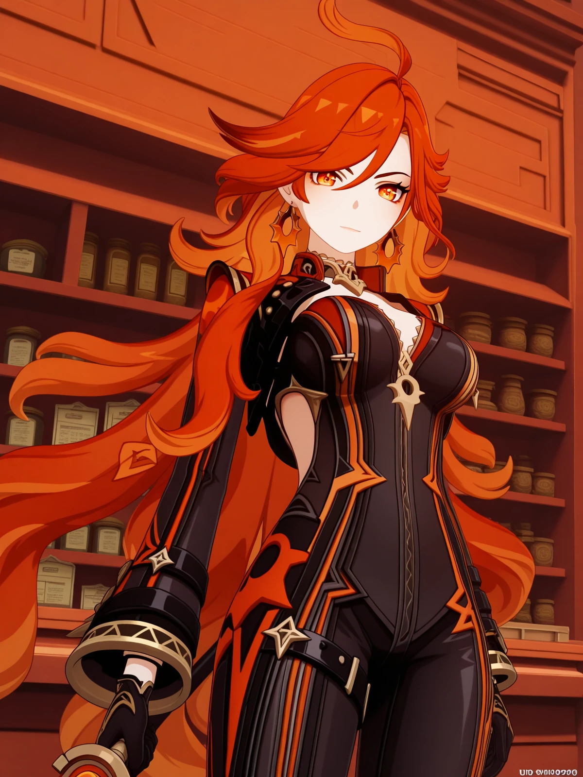 masterpiece, best quality, amazing quality,, <lora:genshin-mavuika-ingame-illustriousxl-lora-nochekaiser:1>, mavuika, mavuika (genshin impact), ahoge, long hair, orange eyes, orange hair, red hair, gradient hair, two-tone hair, very long hair, symbol in eye, mature female, breasts, 3d, choker, biker clothes, bikesuit, black bodysuit, black gloves, cleavage, earrings, gloves, jewelry, long sleeves,, <lora:dynamic-pose-illustriousxl-lora-nochekaiser:1>, dynamic pose, holding weapon, weapon, holding, cowboy shot, pharmacy, medicine, shelves, counter, health, cowboy shot, solo, looking at viewer,