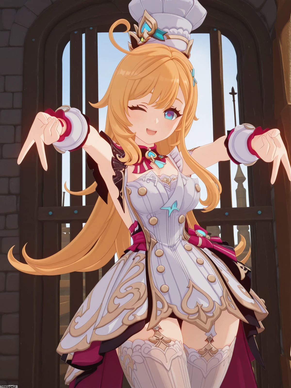 masterpiece, best quality, amazing quality,, <lora:genshin-escoffier-ingame-illustriousxl-lora-nochekaiser:1>, escoffier, escoffier (genshin impact), long hair, blue eyes, blonde hair, hair ornament, very long hair, ahoge, mature female, breasts, 3d, dress, thighhighs, hat, sleeveless, white dress, white thighhighs, wrist cuffs, white headwear, chef hat, <lora:double-gyaru-v-illustriousxl-lora-nochekaiser:1>, doublegyaruv, solo, looking at viewer, blush, smile, open mouth, one eye closed, standing, cowboy shot, double v,, prison, bars, cells, guards, confined, cowboy shot, solo, looking at viewer,