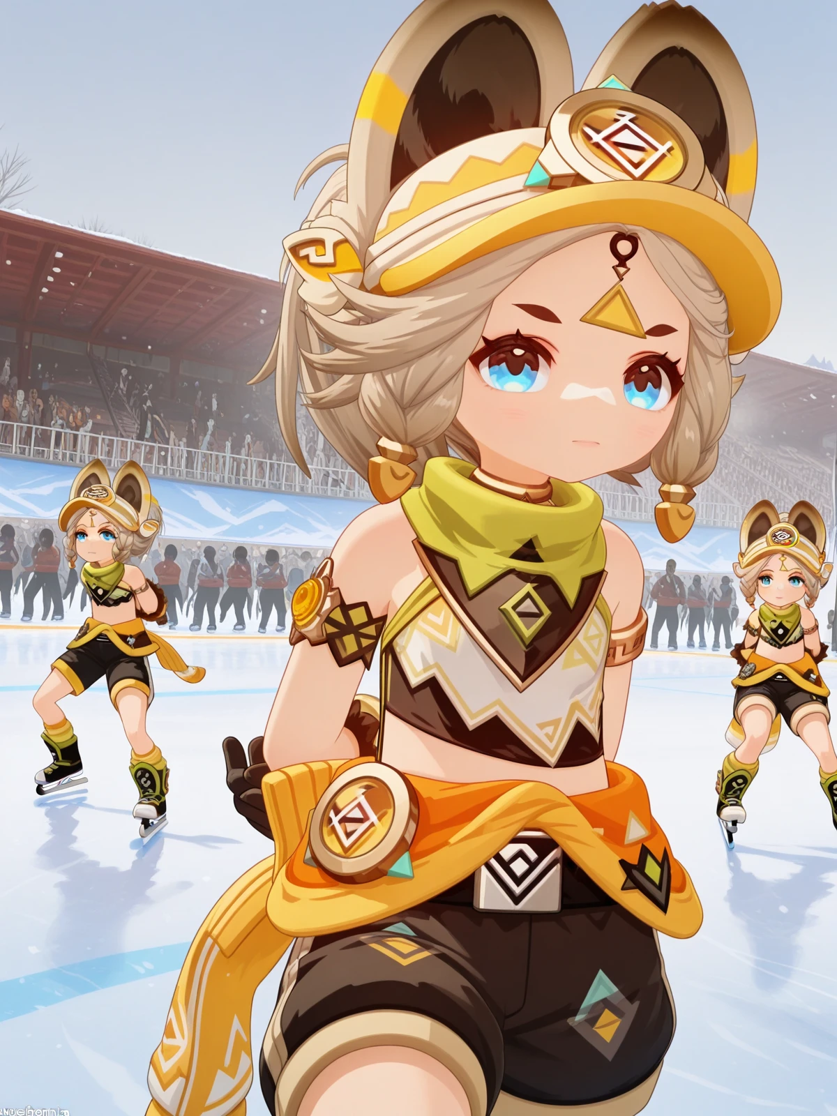 masterpiece, best quality, amazing quality,, <lora:genshin-kachina-ingame-illustriousxl-lora-nochekaiser:1>, kachina, kachina (geshin impact), short hair, blue eyes, blonde hair, animal ears, grey hair, braid, twin braids, facial mark, 3d, gloves, shorts, black gloves, belt, black shorts, shirt, scarf, green scarf, bare shoulders, armlet,, <lora:kung-fu-illustriousxl-lora-nochekaiser:1>, kung fu, martial arts, training, fighting stance, cowboy shot, hands behind back, skating rink, ice, people, winter, fun, cowboy shot, solo, looking at viewer,