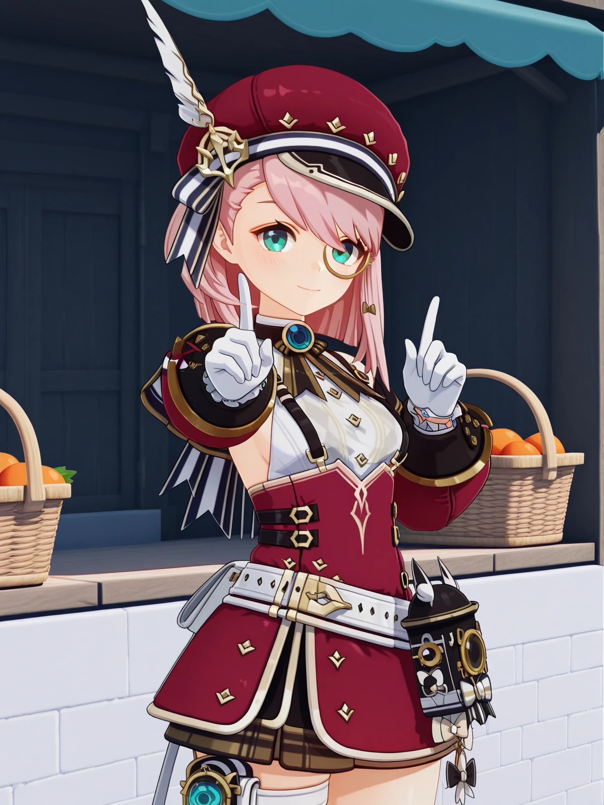 masterpiece, best quality, amazing quality,, <lora:genshin-charlotte-ingame-illustriousxl-lora-nochekaiser:1>, charlotte, charlotte (genshin impact), short hair, pink hair, medium hair, aqua eyes, mature female, small breasts, 3d, shirt, skirt, long sleeves, gloves, hat, jewelry, bare shoulders, white shirt, detached sleeves, puffy sleeves, belt, white gloves, thigh strap, sideboob, suspenders, gem, brooch, red headwear, vision (genshin impact), cabbie hat, hat feather, white belt, blue gemstone, monocle, red sleeves, puffy detached sleeves, blue brooch, <lora:koi-dance-illustriousxl-lora-nochekaiser:1>, koi dance, index finger raised, dancing, outstretched arm, pointing at viewer, pointing, pointing up, smile, cowboy shot, blush,, farmers market, fresh produce, local vendors, baskets, sunny day, community, cowboy shot, solo, looking at viewer,