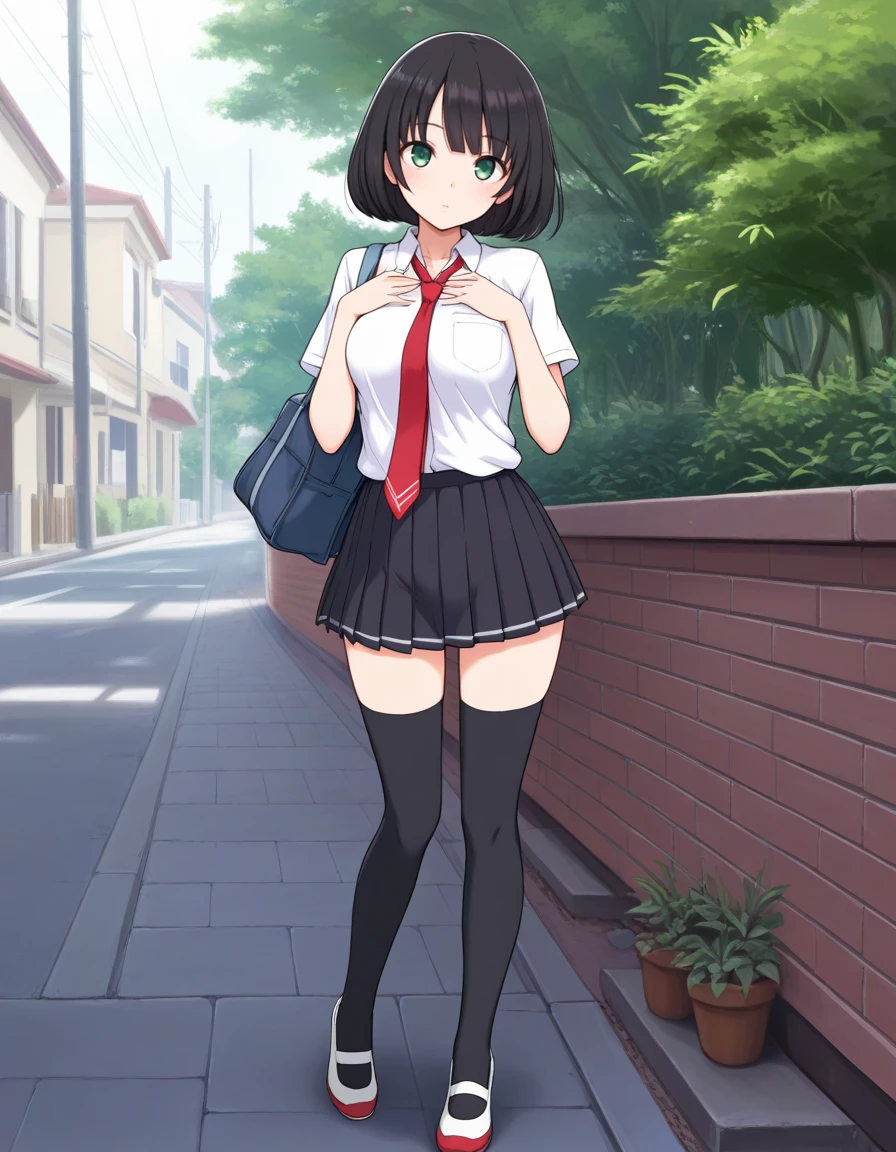 masterpiece, best quality, <lora:immoral_girl:0.8> immoral_girl, black hair, bob cut hair, green eyes, , serafuku, shirt, neck tie, pleated black skirt, black thighhighs, white flat shoes, solo,, facing viewer, looking at viewer, open eyes, , full body view, head, , legs, shoes, solo, outdoor, standing,