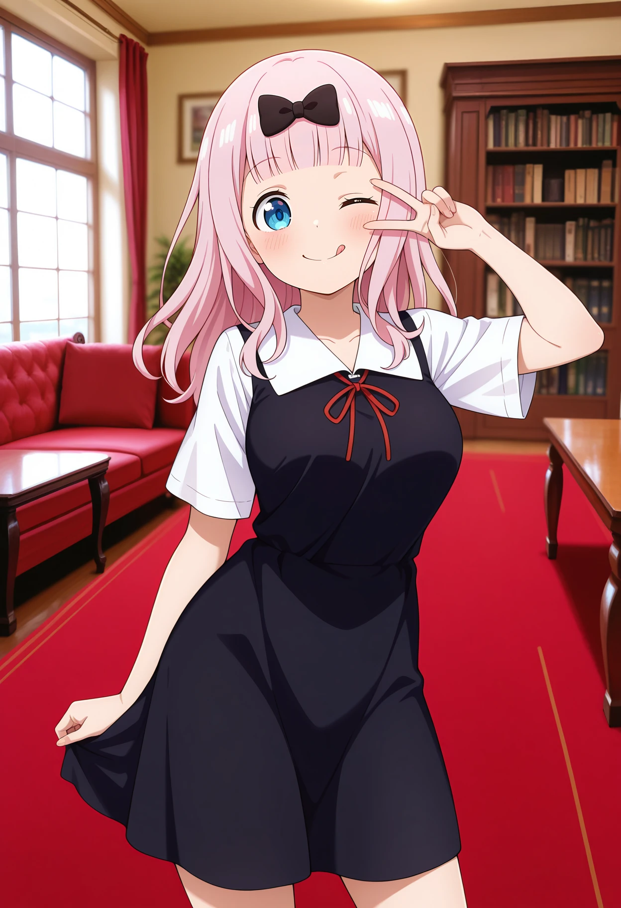 masterpiece, best quality,
1girl, solo, closed mouth, smile, tongue, blush, v over eye, one eye closed,
fujiwara chika, blunt bangs, long hair, pink hair, blue eyes, hair bow, black bow,
pinafore dress, medium dress, black dress, neck ribbon, red ribbon, white shirt, short sleeves,
contrapposto, looking at viewer,
indoors, table, bookshelf, window, red carpet, couch, photo background, blurry background
<lora:MegamiStyle_v0_3_IlluXL_Glora-000035:1>