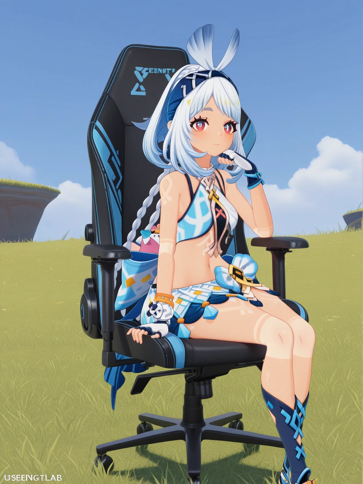 masterpiece, best quality, amazing quality,, <lora:genshin-mualani-ingame-illustriousxl-lora-nochekaiser:1>, mualani, mualani (genshin impact), long hair, red eyes, white hair, braid, tan, dark-skin, dark-skinned female, twin braids, hairband, mature female, small breasts, 3d, skirt, gloves, bow, navel, bare shoulders, midriff, crop top, fingerless gloves, , <lora:secretlab-chair-illustriousxl-lora-nochekaiser:1>, secretlab chair, chair, office chair, gaming chair, sitting, full body, elbow rest, plain, grass, open, vast, sky, cowboy shot, solo, looking at viewer,