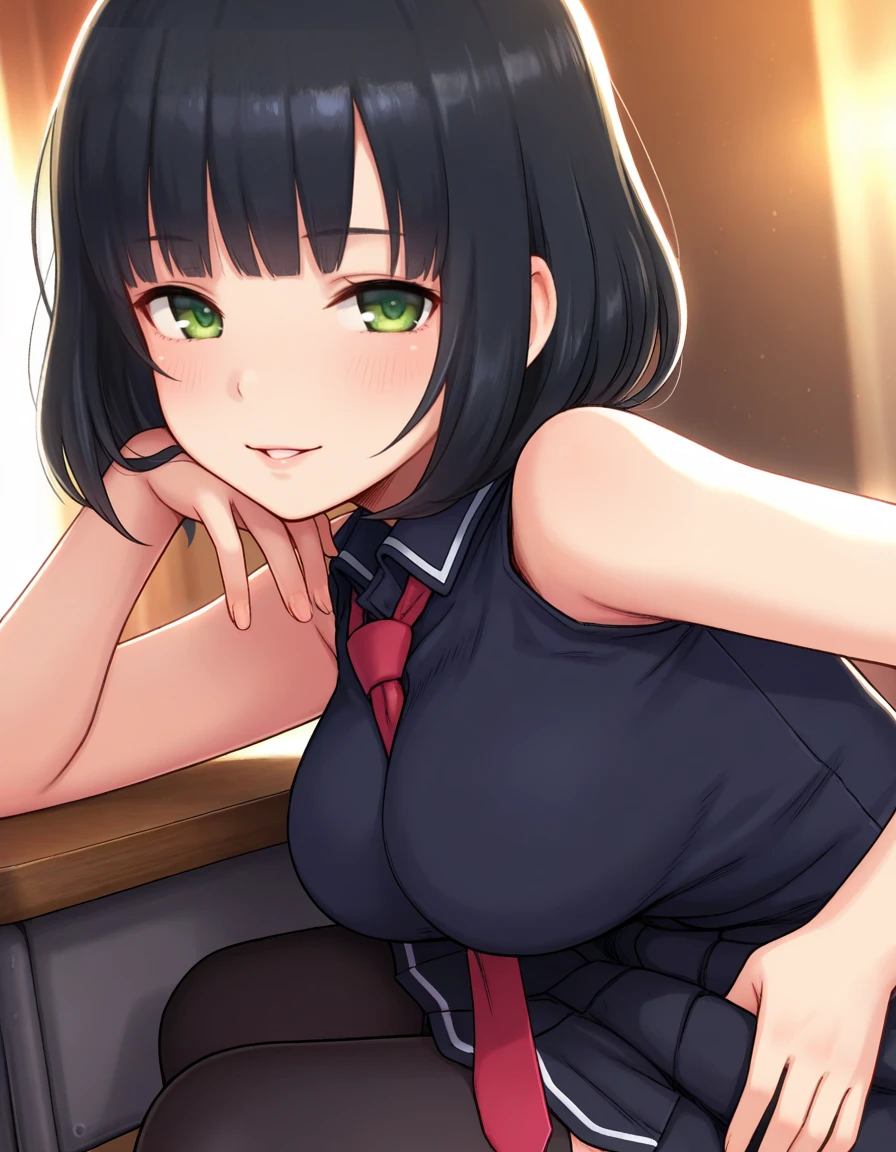 parted lips, gentle smile, sundress, half top body view, looking at viewer, solo, masterpiece, best quality, <lora:immoral_girl:0.8> immoral_girl, black hair, bob cut hair, green eyes, , serafuku, shirt, neck tie, pleated black skirt, black thighhighs, white flat shoes, solo, ,