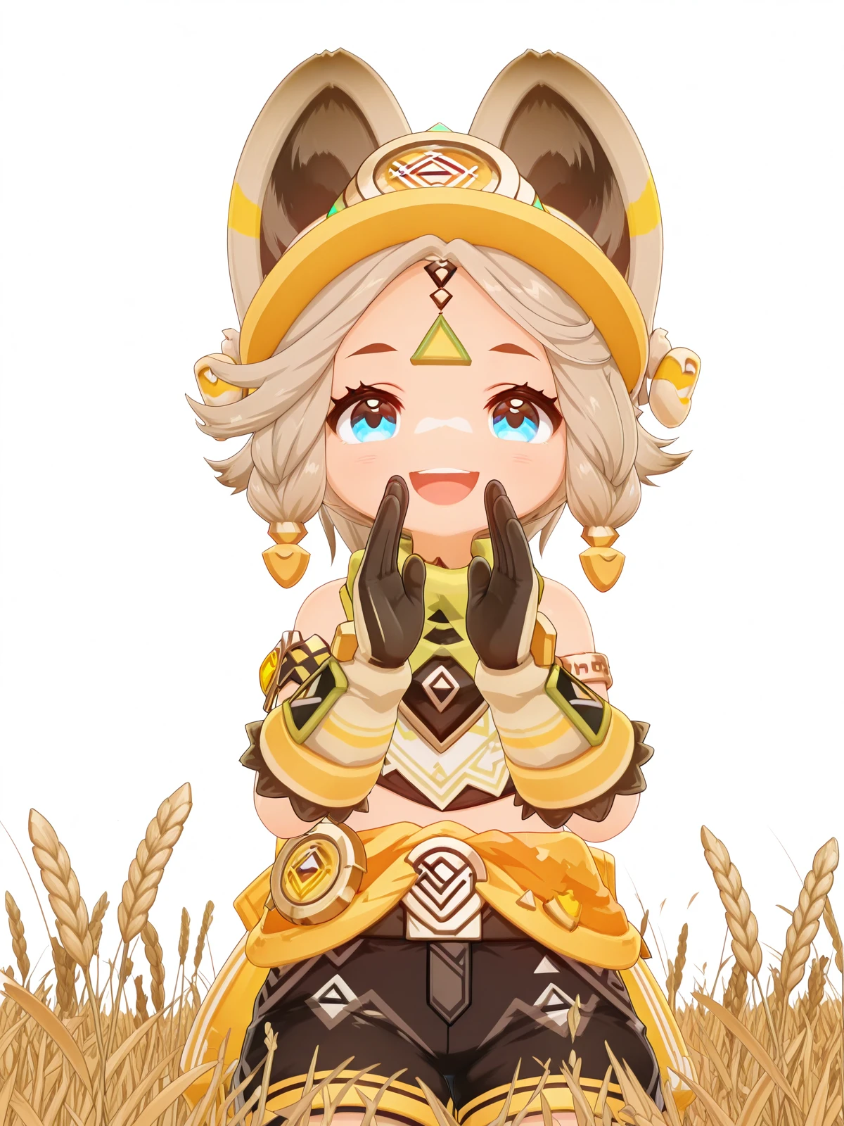 masterpiece, best quality, amazing quality,, <lora:genshin-kachina-ingame-illustriousxl-lora-nochekaiser:1>, kachina, kachina (geshin impact), short hair, blue eyes, blonde hair, animal ears, grey hair, braid, twin braids, facial mark, 3d, gloves, shorts, black gloves, belt, black shorts, shirt, scarf, green scarf, bare shoulders, armlet,, <lora:shouting-hand-to-own-mouth-illustriousxl-lora-nochekaiser:1>, shouting hand to own mouth, shouting, hand to own mouth, looking at viewer, smile, open mouth, blush,, wheat field, golden, harvest, farming, open, cowboy shot, solo, looking at viewer, <lora:transparent-background-illustriousxl-lora-nochekaiser:1>, transparent background, simple background, white background