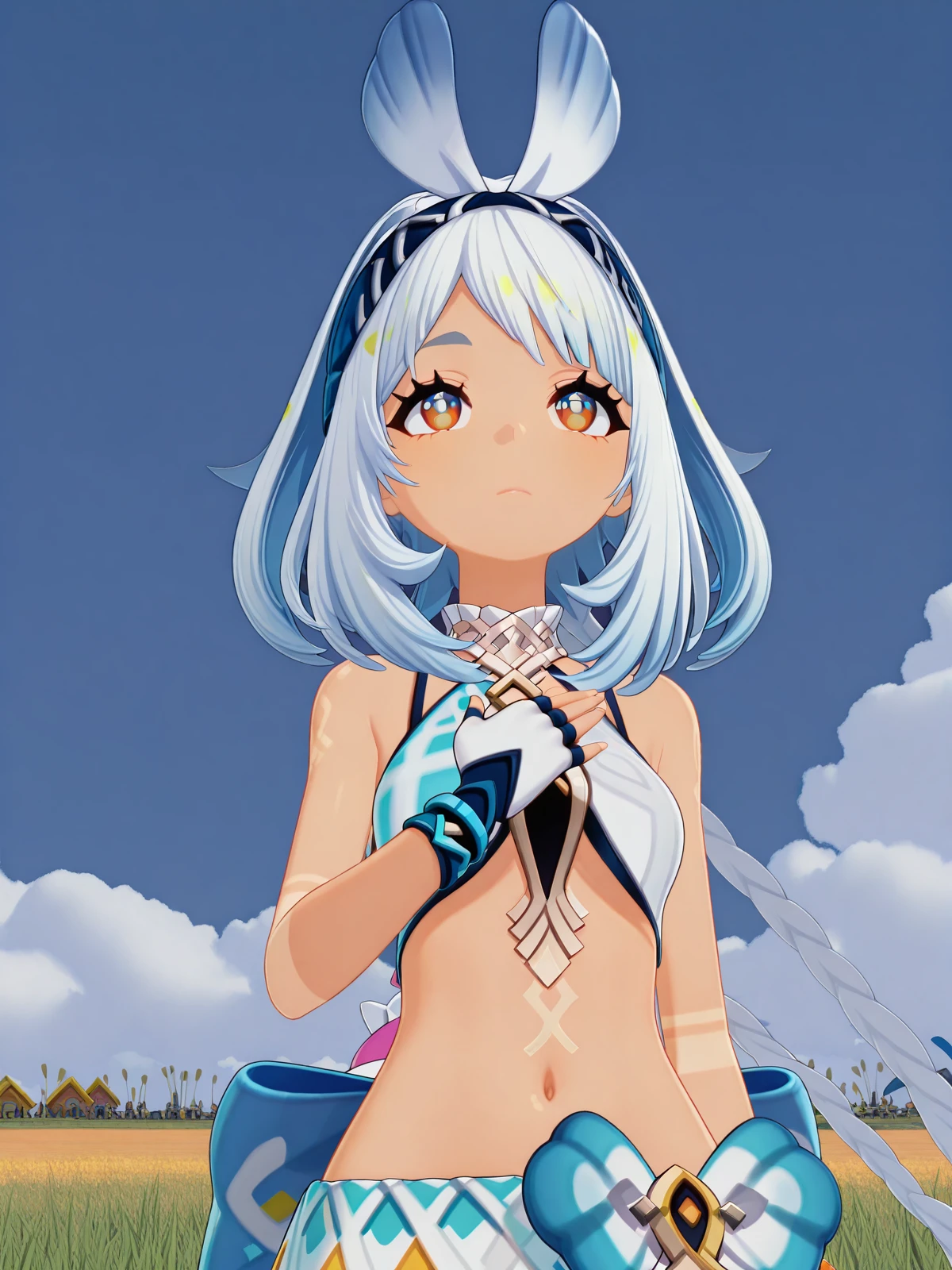 masterpiece, best quality, amazing quality,, <lora:genshin-mualani-ingame-illustriousxl-lora-nochekaiser:1>, mualani, mualani (genshin impact), long hair, red eyes, white hair, braid, tan, dark-skin, dark-skinned female, twin braids, hairband, mature female, small breasts, 3d, skirt, gloves, bow, navel, bare shoulders, midriff, crop top, fingerless gloves, , <lora:lupang-hinirang-illustriousxl-lora-nochekaiser:1>, lupang hinirang, solo, looking up, expressionless, closed mouth, hand up, hand on own chest, clouds, blue sky, outdoors, upper body, field, grass, open_space, farming, crops, cowboy shot, solo, looking at viewer, <lora:transparent-background-illustriousxl-lora-nochekaiser:1>, transparent background, simple background, white background