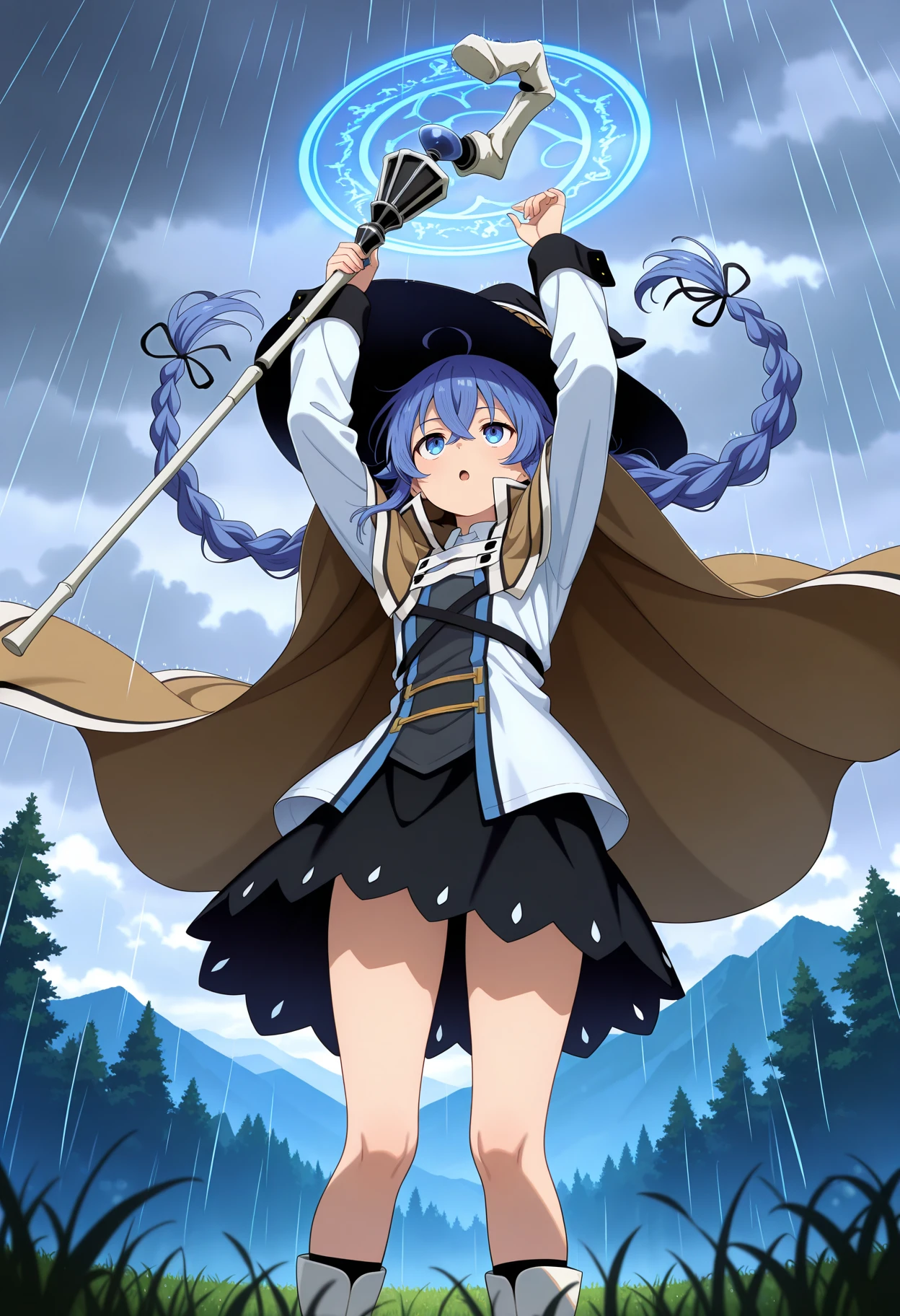 masterpiece, best quality,
1girl, solo, :o,
roxy migurdia, long hair, crossed bangs, twin braids, blue hair, long hair, blue eyes,
black witch hat, brown cape, layered dress, cross-laced clothes, long sleeves, medium skirt, black skirt,
holding staff, mage staff, casting magic, magic circle, blue theme, floating hair, floating cape,
standing, arms up, looking up, thighs, from below,
forest, mountainous horizon, grass, nature, cloudy sky, overcast, rain, raining, cloud, grey sky
<lora:MegamiStyle_v0_3_IlluXL_Glora-000035:1>