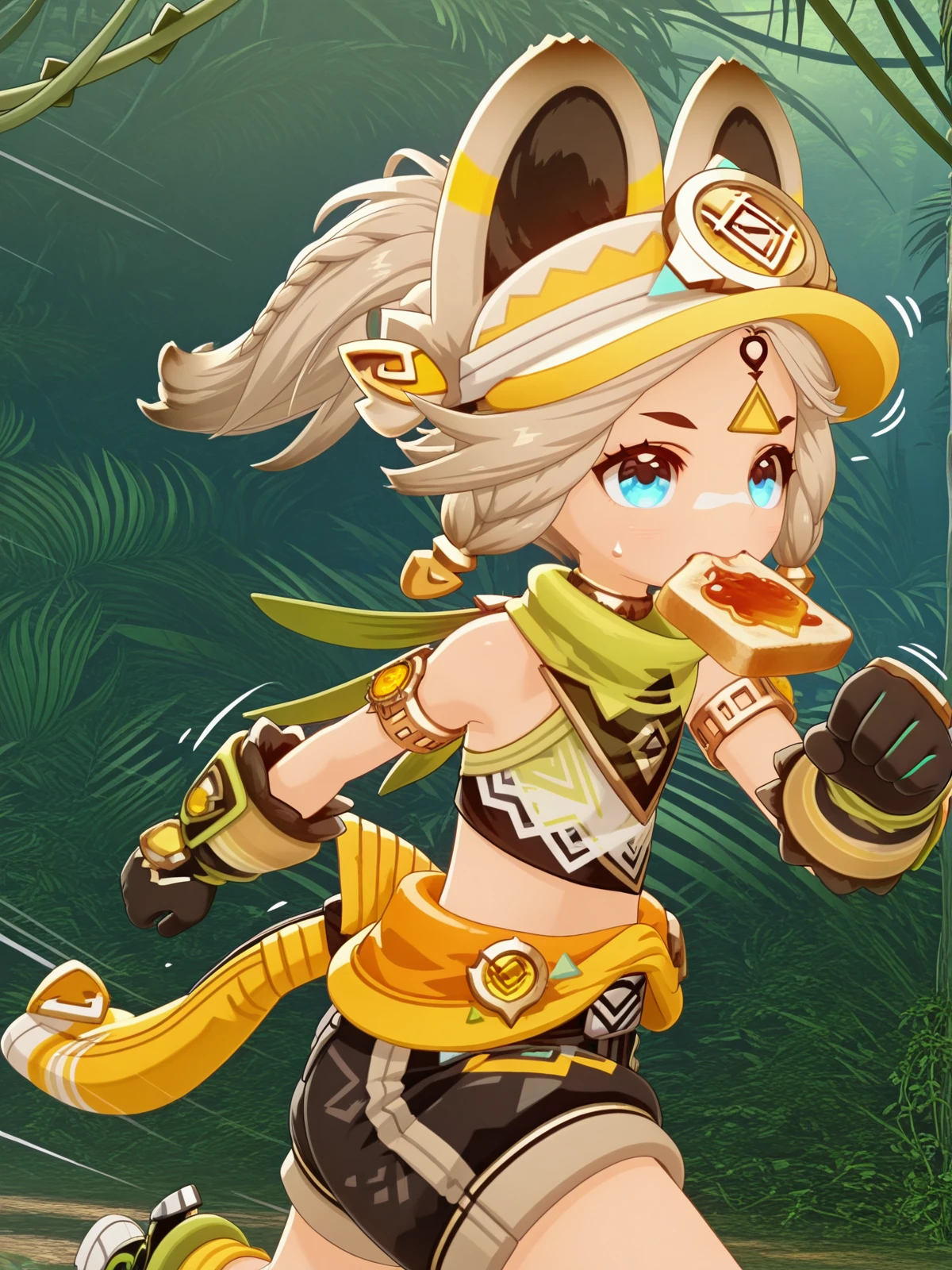 masterpiece, best quality, amazing quality,, <lora:genshin-kachina-ingame-illustriousxl-lora-nochekaiser:1>, kachina, kachina (geshin impact), short hair, blue eyes, blonde hair, animal ears, grey hair, braid, twin braids, facial mark, 3d, gloves, shorts, black gloves, belt, black shorts, shirt, scarf, green scarf, bare shoulders, armlet,, <lora:food-in-mouth-running-illustriousxl-lora-nochekaiser:1>, food in mouth running, food in mouth, running, bread, bread slice, food, toast in mouth, toast, sweatdrop, motion lines, motion blur, outdoors, from side, jungle, dense, wildlife, vines, green, cowboy shot, solo, looking at viewer,