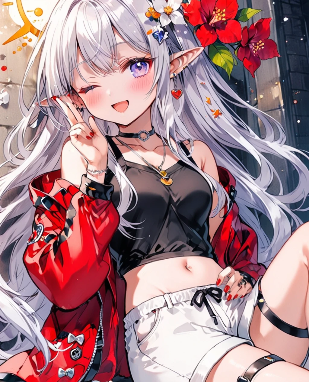 O,1girl,solo,jacket,one eye closed,pointy ears,flower,shorts,hair ornament,jewelry,long hair,sitting,shirt,hair flower,smile,purple eyes,open jacket,looking at viewer,black shirt,d,red jacket,thigh strap,necklace,halo,v,open clothes,open mouth,white hair,long sleeves,nail polish,off shoulder,bag,red nails,thighs,white flower,food,short shorts,midriff,navel,collarbone,white shorts,cake,earrings,crop top,breasts,bangs,very long hair,hand up,bracelet,elf,blush,