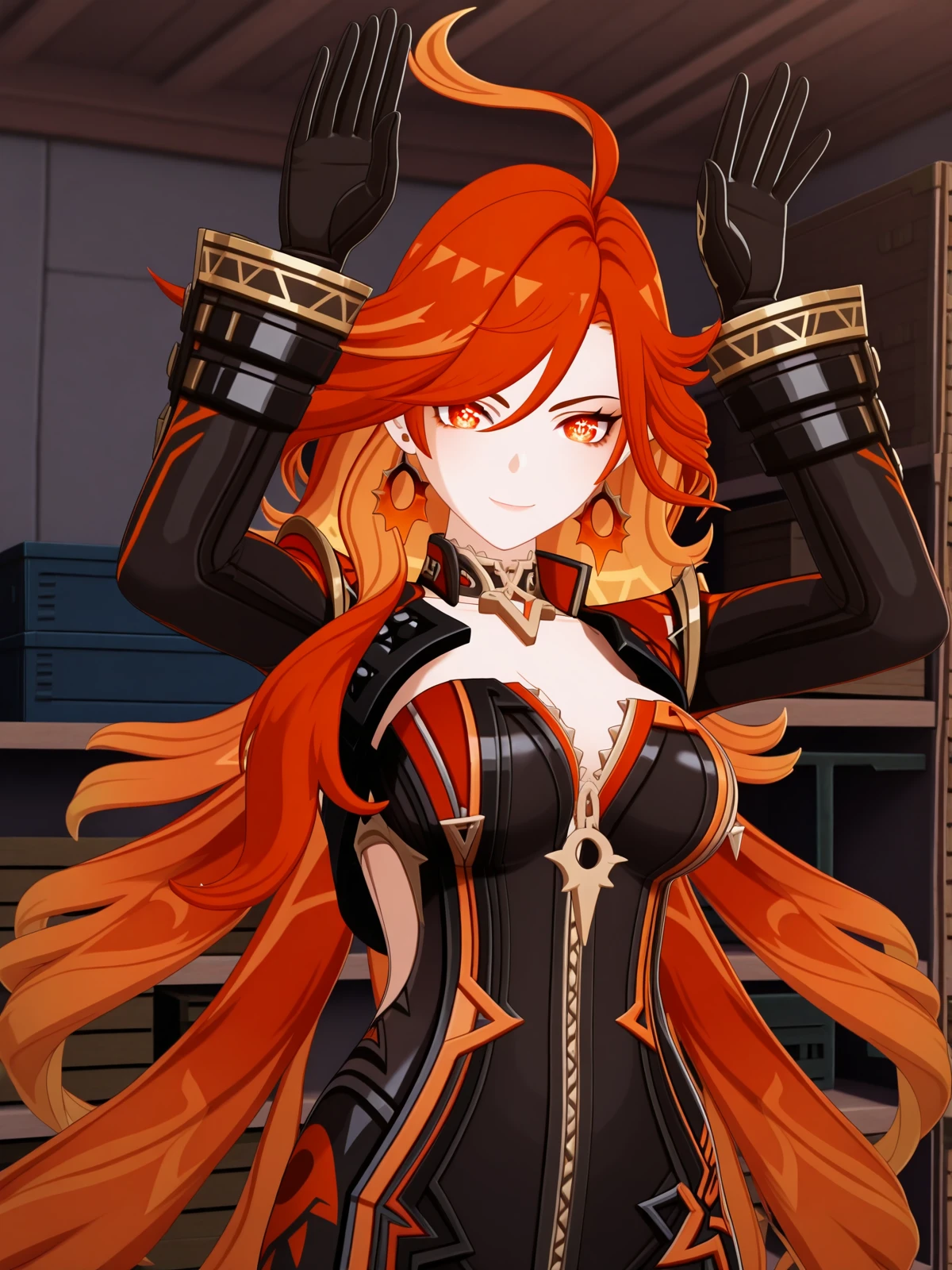 masterpiece, best quality, amazing quality,, <lora:genshin-mavuika-ingame-illustriousxl-lora-nochekaiser:1>, mavuika, mavuika (genshin impact), ahoge, long hair, red eyes, very long hair, blonde hair, symbol in eye, glowing, mature female, breasts, 3d, choker, biker clothes, bikesuit, black bodysuit, black gloves, cleavage, earrings, gloves, jewelry, long sleeves,, <lora:rabbit-pose-illustriousxl-lora-nochekaiser:1>, rabbit pose, hands up, looking at viewer, smile, upper body, storage room, shelves, boxes, clutter, supplies, cowboy shot, solo, looking at viewer,