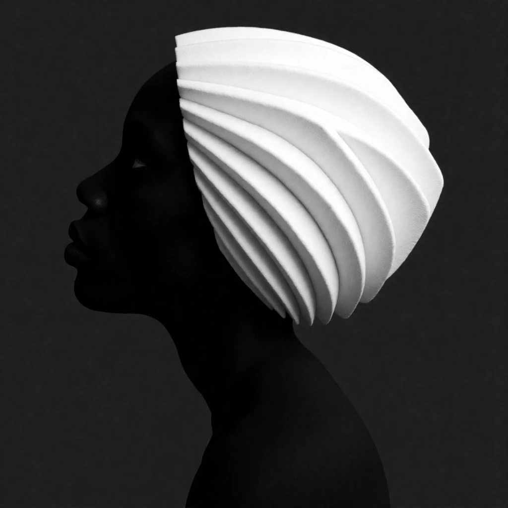A black and white photograph from a profile camera angle, featuring a silhouette of a person with a unique headdress made of foam, set against a solid black background. the person is standing in profile, facing away from the viewer, with their head tilted slightly to the side. the headdress is made up of multiple layers of white foam, creating a geometric pattern that covers the entire face and extends from the head to the neck. the silhouette is simple and minimalistic, with no additional details or embellishments. the overall mood is minimalistic and minimalist, with a focus on the individual's silhouette and the texture of the foam.