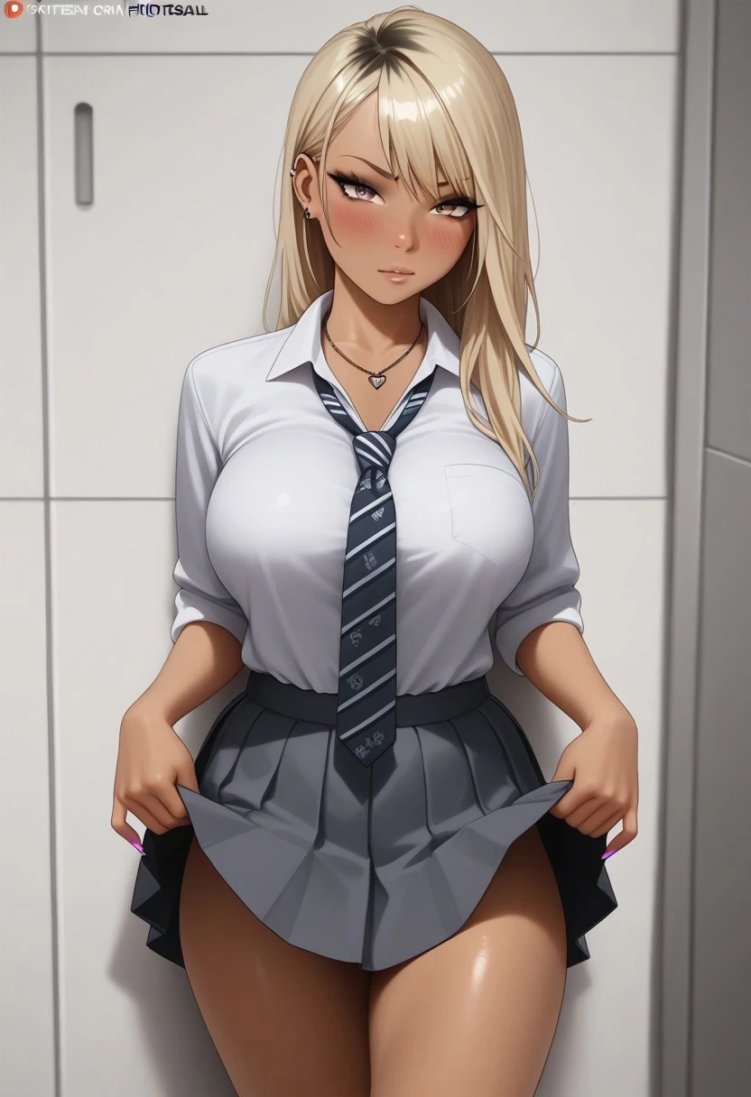 masterpiece, best quality, Itsumi Erika, 1girl, ashen blonde hair, blue eyes, solo, medium breasts, naked body, skirt, sexy black underwear, black panties, black choker, topless, undressing her jacket, standing frontally to the viewer, looking at viewer, seductive smile, whole body can be seen, school locker room, detailed hands, five fingers