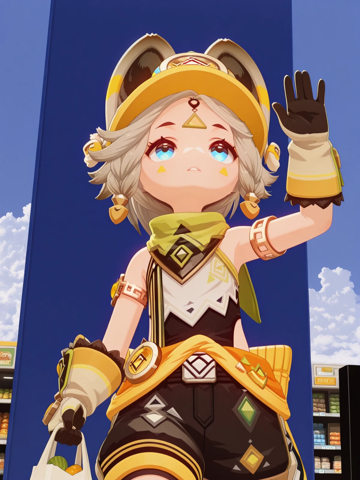 masterpiece, best quality, amazing quality,, <lora:genshin-kachina-ingame-illustriousxl-lora-nochekaiser:1>, kachina, kachina (geshin impact), short hair, blue eyes, blonde hair, animal ears, grey hair, braid, twin braids, facial mark, 3d, gloves, shorts, black gloves, belt, black shorts, shirt, scarf, green scarf, bare shoulders, armlet,, <lora:panatang-makabayan-illustriousxl-lora-nochekaiser:1>, panatang makabayan, looking up, expressionless, cowboy shot, parted lips, hand up, waving, solo, outdoors, blue sky, clouds, grocery store, cashier, shopping bag, scanning items, small talk, everyday routine, cowboy shot, solo, looking at viewer,