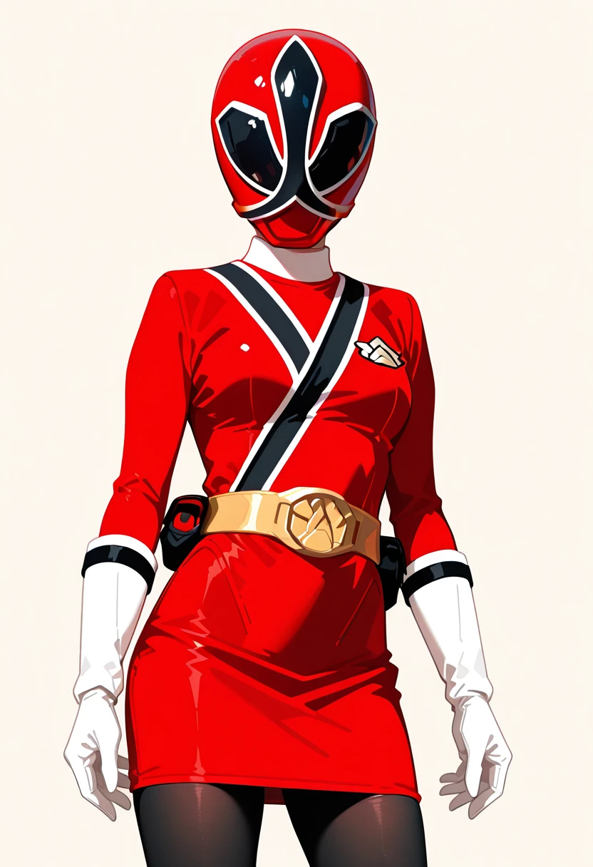 masterpiece, best quality, very aesthetic, absurdres, simple background, flat color, no outline,
BREAK 1 girl, Red_ranger_S, red bodysuit, helmet, mask, black pantyhose, red skirt, straight skirt, white gloves, cowboy shot, <lora:Red_Ranger_Samurai_Illustrious:1.2>, <lora:illustrious_flat_color_v2:1>