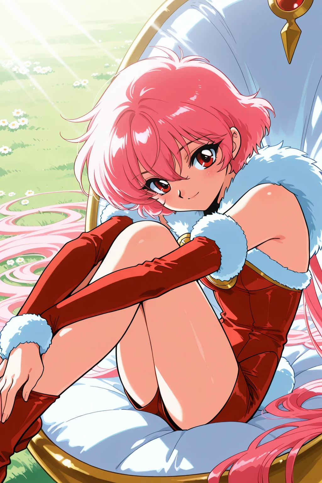 (masterpiece, best quality:1.3), 8k resolution, very aesthetic, retro artstyle, fantasy, amazing quality, fantasy, cowboy shot, (vivid colors, vibrant colors), hikaru1, 1girl, solo,absurdly long hair, cute, blush, absurdly long hair, sitting, on egg chair, hugging own feet, looking at viewer, hair spread out, pink hair, bunny girl, rabbit tail, fur trim, detached sleeves, daisy dukes, shorts, fur collar, fluffy, soft lighting, smile, red eyes, hair between eyes, pixie cut, foot out of frame, on grass, colorful background, halftone background, extremely detailed, intricate detailed, casting shadow, sunlight, RAY3ARTH