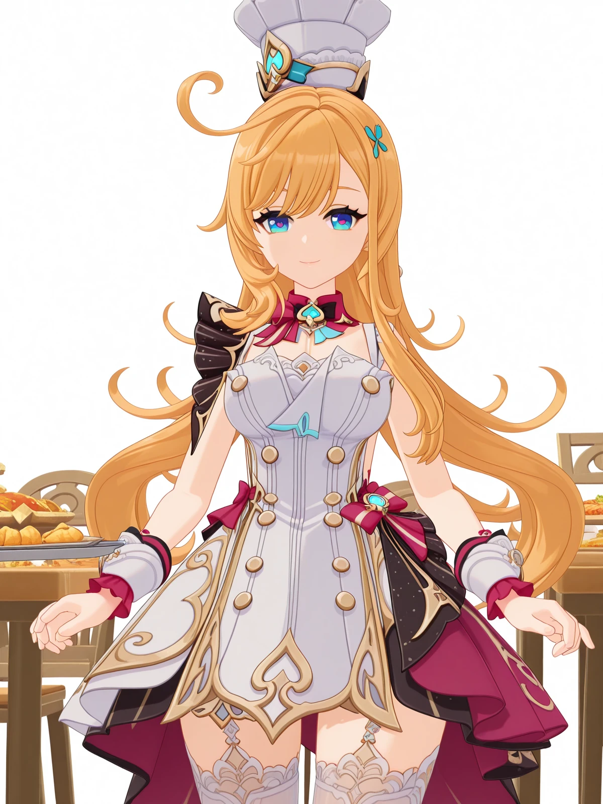 masterpiece, best quality, amazing quality,, <lora:genshin-escoffier-ingame-illustriousxl-lora-nochekaiser:1>, escoffier, escoffier (genshin impact), long hair, blue eyes, blonde hair, hair ornament, very long hair, ahoge, mature female, breasts, 3d, dress, thighhighs, hat, sleeveless, white dress, white thighhighs, wrist cuffs, white headwear, chef hat, smile, cafeteria, tables, food_trays, chairs, line, cowboy shot, solo, looking at viewer, <lora:transparent-background-illustriousxl-lora-nochekaiser:1>, transparent background, simple background, white background