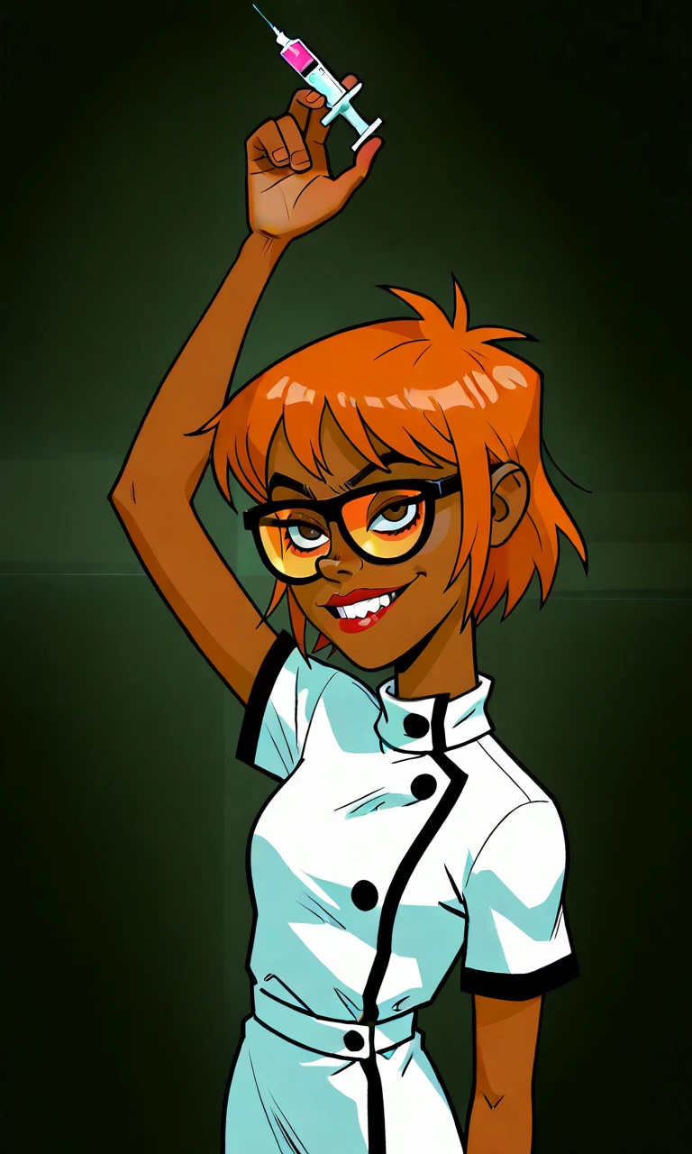 solo,G0r11l4z, artstyle,1girl, dark-skinned female, short hair, orange hair,orange-tinted eyewear, glasses, brown eyes, makeup, holding syringe, turtleneck dress, white dress, nurse,button,black trim, black pantyhose, evil grin, evil eyes, arm up