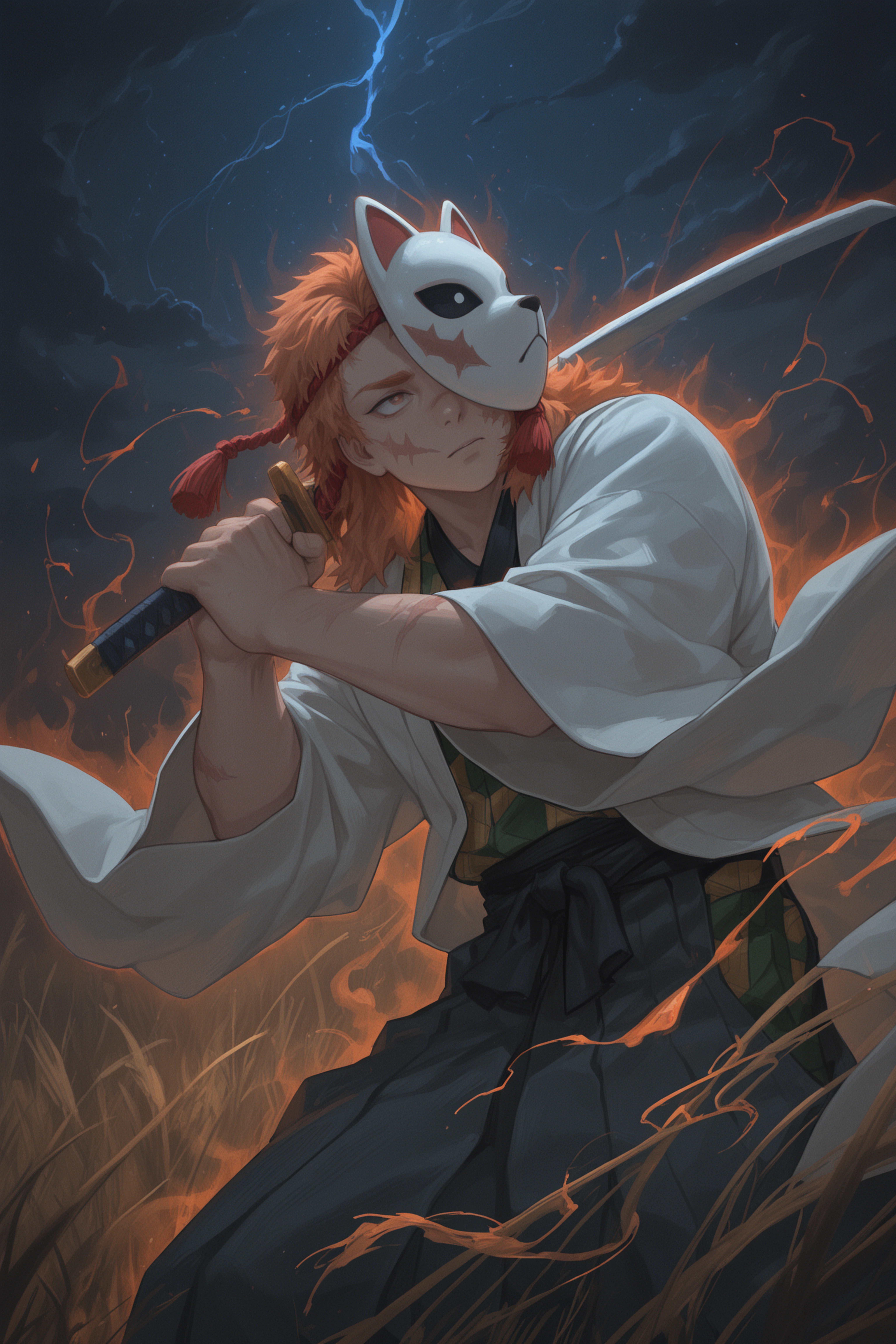 2ab1t0, 1boy, male focus, solo, orange hair, fox mask, rope in hair, tassel, white haori, japanese clothes, scar, battoujutsu stance, sword, air current, field, night, aura, masterpiece, best quality, amazing quality, very aesthetic, absurdres, newest, detailed background