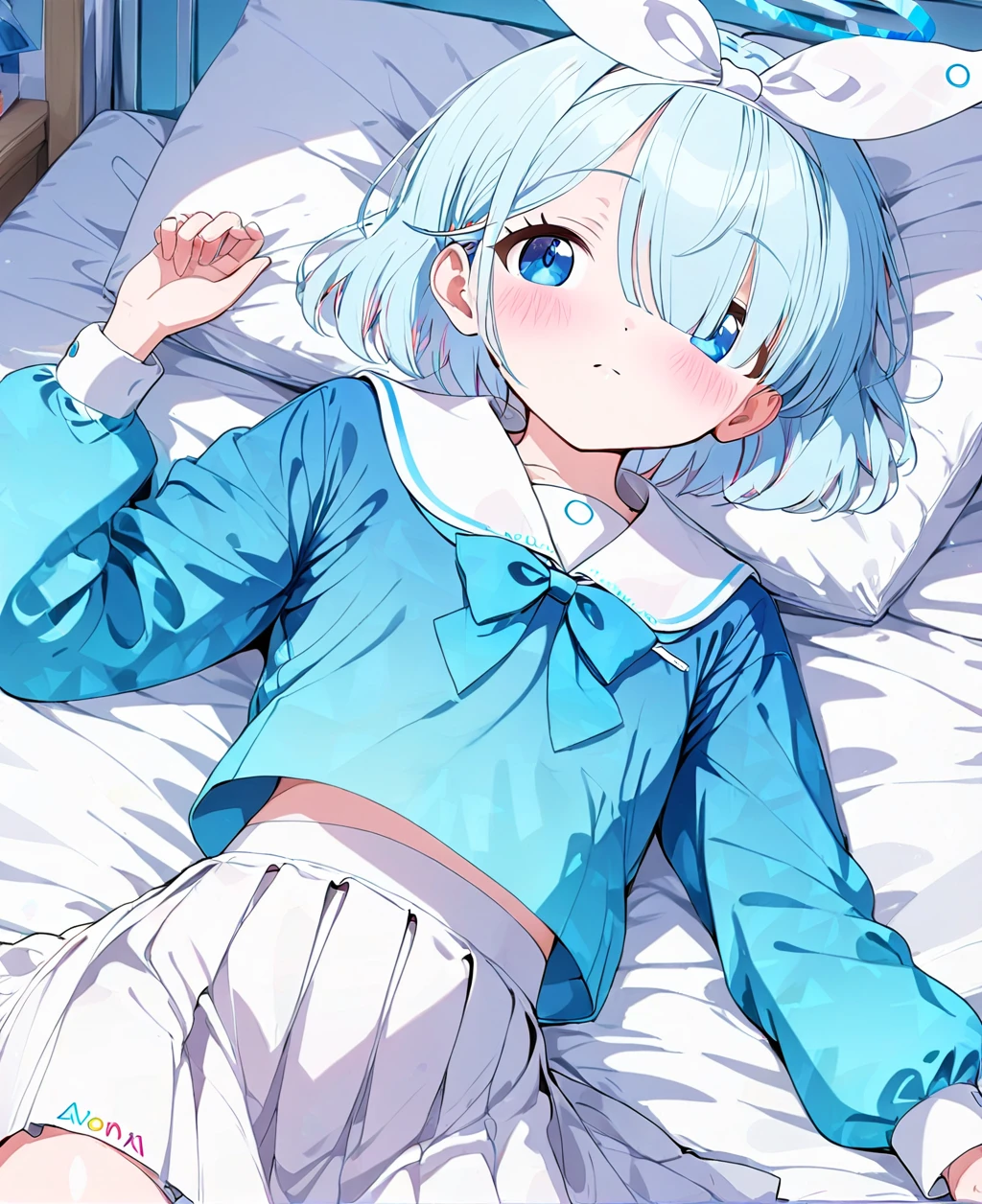 arona (blue archive),1girl,arona (blue archive),halo,blue hair,blue eyes,skirt,solo,school uniform,hair over one eye,short hair,blush,white skirt,lying,bed,pillow,serafuku,on bed,hairband,looking at viewer,pleated skirt,sailor collar,long sleeves,bow,on back,ribbon,white hairband,shirt,