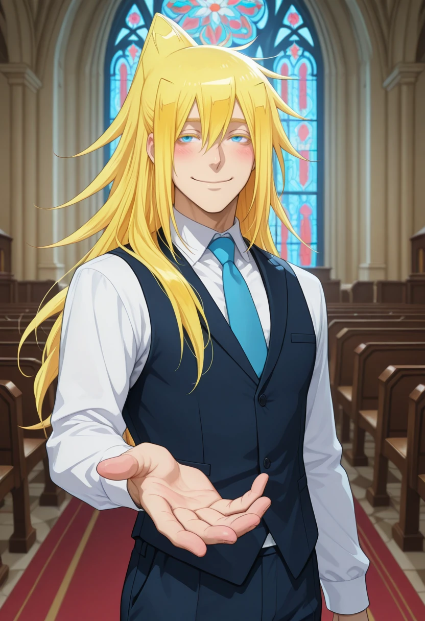 very awa, masterpiece, best quality, absurdres, newest, perfect quality, detailed background, intricate details,
<lora:ILMIMTW4kas4:1.0>
MIMTW4kas4, blonde hair, 1boy, male focus, blue eyes, long hair, colored eyelashes, high ponytail, necktie, church, male focus, formal, suit, smile, indoors, stained glass, blush, pants, collared shirt, white shirt, beckoning, long sleeves, outstretched hand, vest, standing