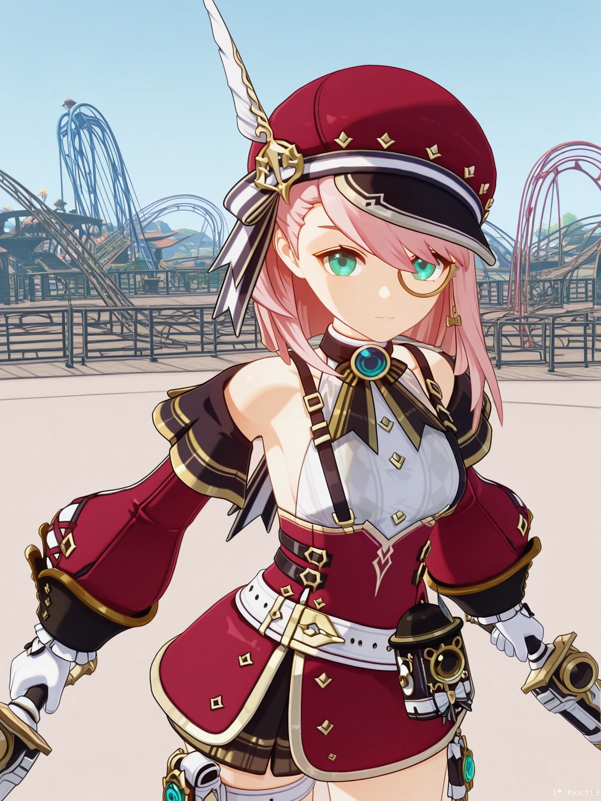masterpiece, best quality, amazing quality,, <lora:genshin-charlotte-ingame-illustriousxl-lora-nochekaiser:1>, charlotte, charlotte (genshin impact), short hair, pink hair, medium hair, aqua eyes, mature female, small breasts, 3d, shirt, skirt, long sleeves, gloves, hat, jewelry, bare shoulders, white shirt, detached sleeves, puffy sleeves, belt, white gloves, thigh strap, sideboob, suspenders, gem, brooch, red headwear, vision (genshin impact), cabbie hat, hat feather, white belt, blue gemstone, monocle, red sleeves, puffy detached sleeves, blue brooch, <lora:dynamic-pose-illustriousxl-lora-nochekaiser:1>, dynamic pose, holding weapon, weapon, holding, dual wielding, cowboy shot, roller coaster, tracks, speed, fun, thrill, cowboy shot, solo, looking at viewer,