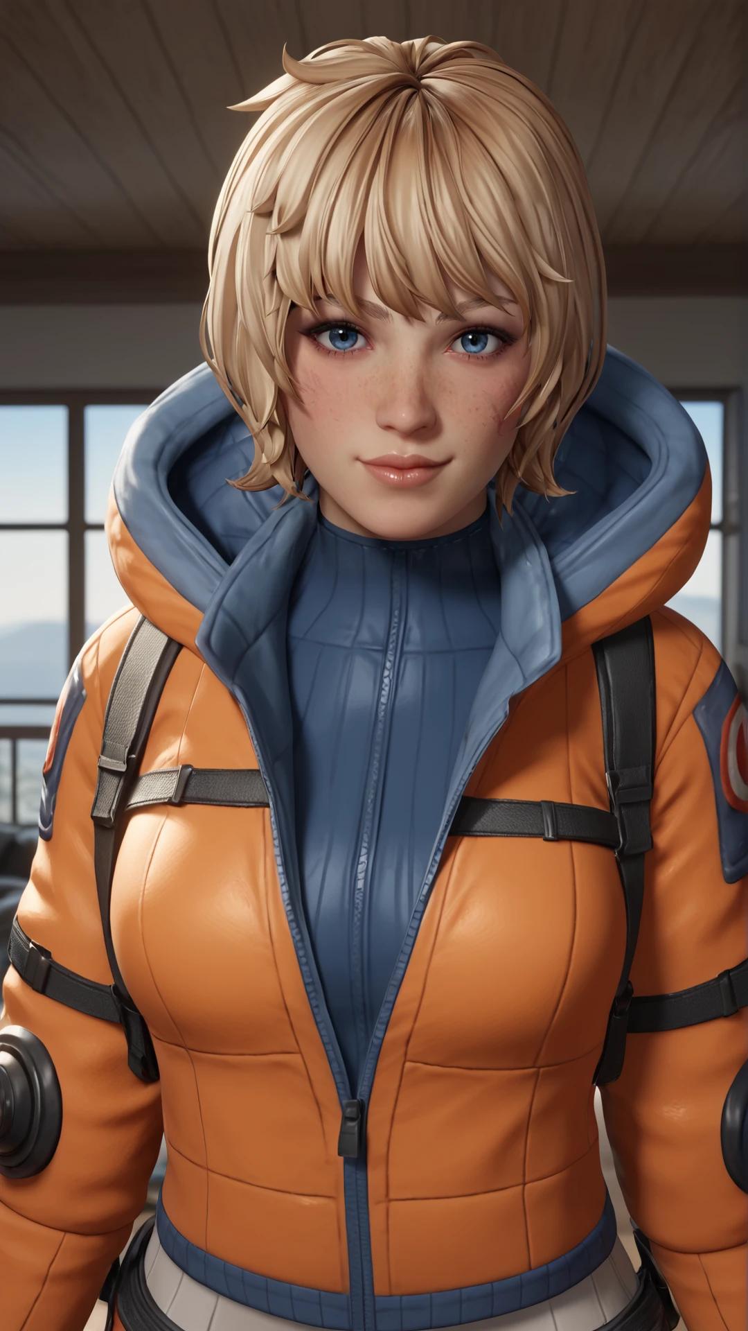 eyes at viewer, looking at viewer,
(modern living room),(living room background),
best quality, inside,
indoor, (modern house), empty room
looking at viewer, eyes at viewer, (portrait:1.5), (upper body focus:1.5), side view
raised eyebrow, suggestive,flirting,
posing
1girl, lips, closed mouth, head lean, (flirty look at viewer),
open jacket, hooded , , white , hood, jacket, orange jacket, gloves, knee pads, hooded jacket, blue gloves, ribbed , blue , thigh strap, blue diving scuba coat of headhood, lighting emblem
detailed face
attractive woman,
scar, scar on face,
bangs, freckles, blue eyes