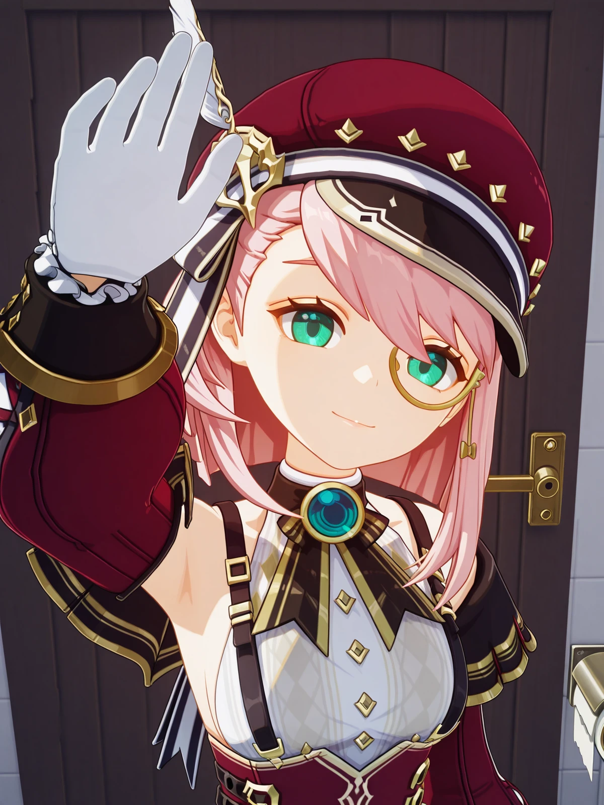 masterpiece, best quality, amazing quality,, <lora:genshin-charlotte-ingame-illustriousxl-lora-nochekaiser:1>, charlotte, charlotte (genshin impact), short hair, pink hair, medium hair, aqua eyes, mature female, small breasts, 3d, shirt, skirt, long sleeves, gloves, hat, jewelry, bare shoulders, white shirt, detached sleeves, puffy sleeves, belt, white gloves, thigh strap, sideboob, suspenders, gem, brooch, red headwear, vision (genshin impact), cabbie hat, hat feather, white belt, blue gemstone, monocle, red sleeves, puffy detached sleeves, blue brooch, <lora:incoming-headpat-illustriousxl-lora-nochekaiser:1>, incoming headpat, headpat, pov, outstretched arm, reaching, reaching towards viewer, looking at viewer, head tilt, closed eyes, smile, upper body, toilet stall, privacy, tiles, toilet_paper, door, cowboy shot, solo, looking at viewer,