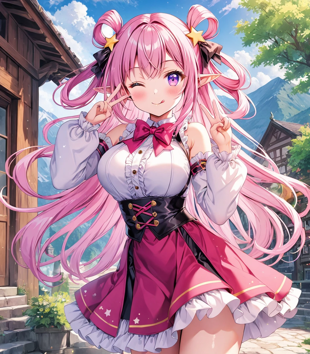 O,1girl,pointy ears,one eye closed,pink hair,hair ornament,long hair,solo,star (symbol),elf,tongue,star hair ornament,detached sleeves,v,hair rings,tongue out,breasts,outdoors,skirt,looking at viewer,purple eyes,q,blush,bow,smile,bangs,day,v over eye,bare shoulders,double v,mountain,large breasts,sky,bowtie,frills,very long hair,standing,