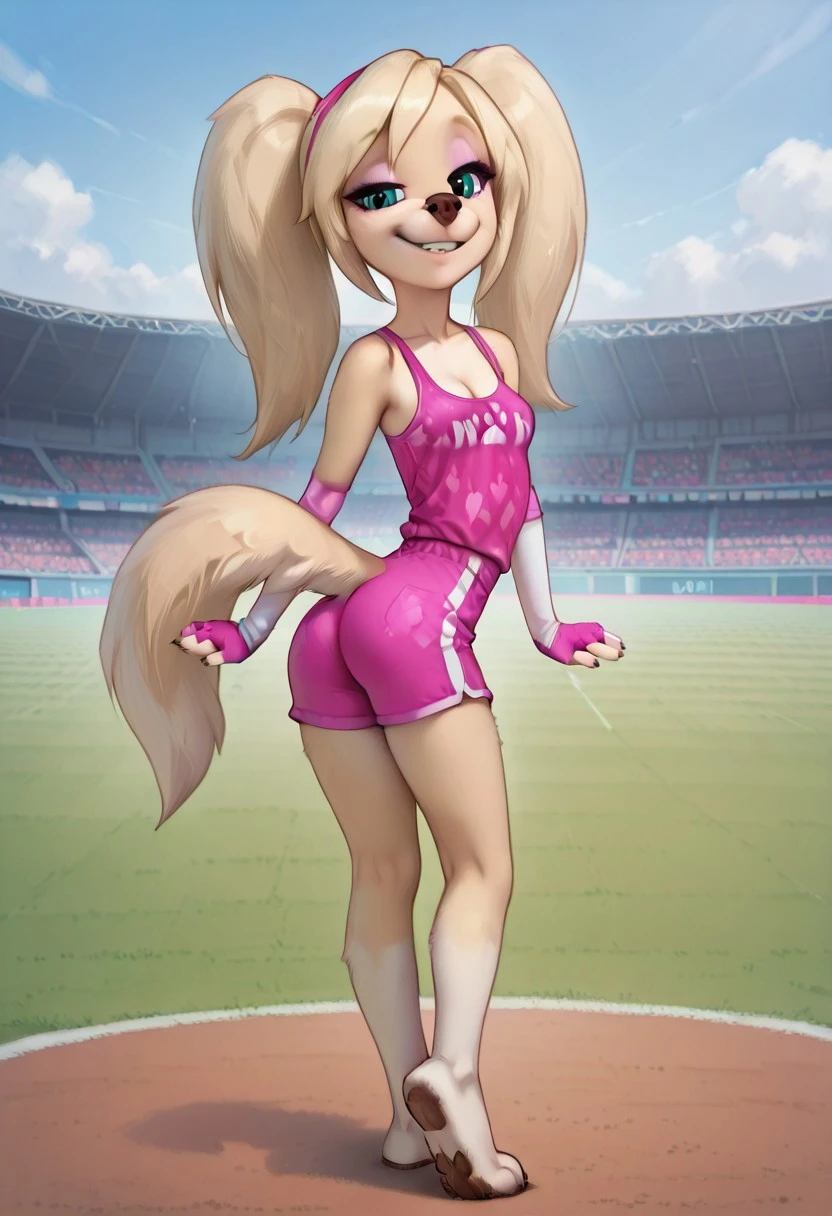 masterpiece, best quality, amazing quality, very aesthetic, absurdres, newest, break
outdoors, stadium
Rosa Barboskina, Dog girl, anthro canine, female, small breasts, twintails, blonde, dog feet, canine legs, break
sport top, cleavage, sport shorts
bended frward, presenting butt, looking at viewer, lewd face