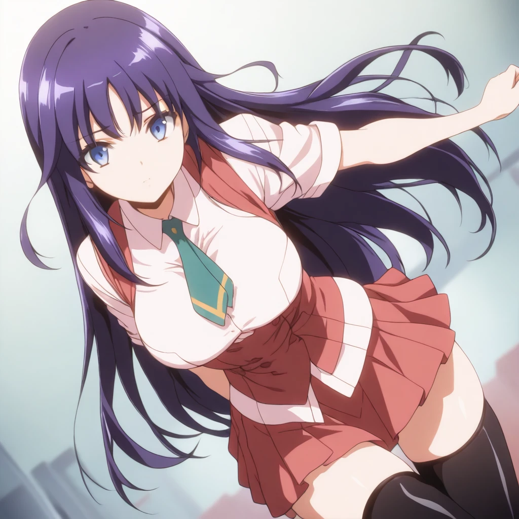solo,anime coloring,looking at viewer,masterpiece,high score,great score,absurdres,cowboy_shot,<lora:ShizuruMinase ag4o:1> shizuruminase, purple hair, long hair, blue eyes,school uniform,necktie,red skirt,black thighhighs,