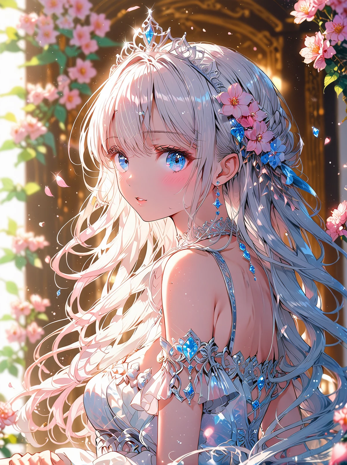O,1girl,solo,long hair,flower,blue eyes,jewelry,earrings,hair ornament,dress,looking at viewer,detached sleeves,hair flower,breasts,pink flower,white dress,bare shoulders,blurry,upper body,tiara,bangs,white hair,parted lips,blush,gem,medium breasts,depth of field,blurry background,petals,
