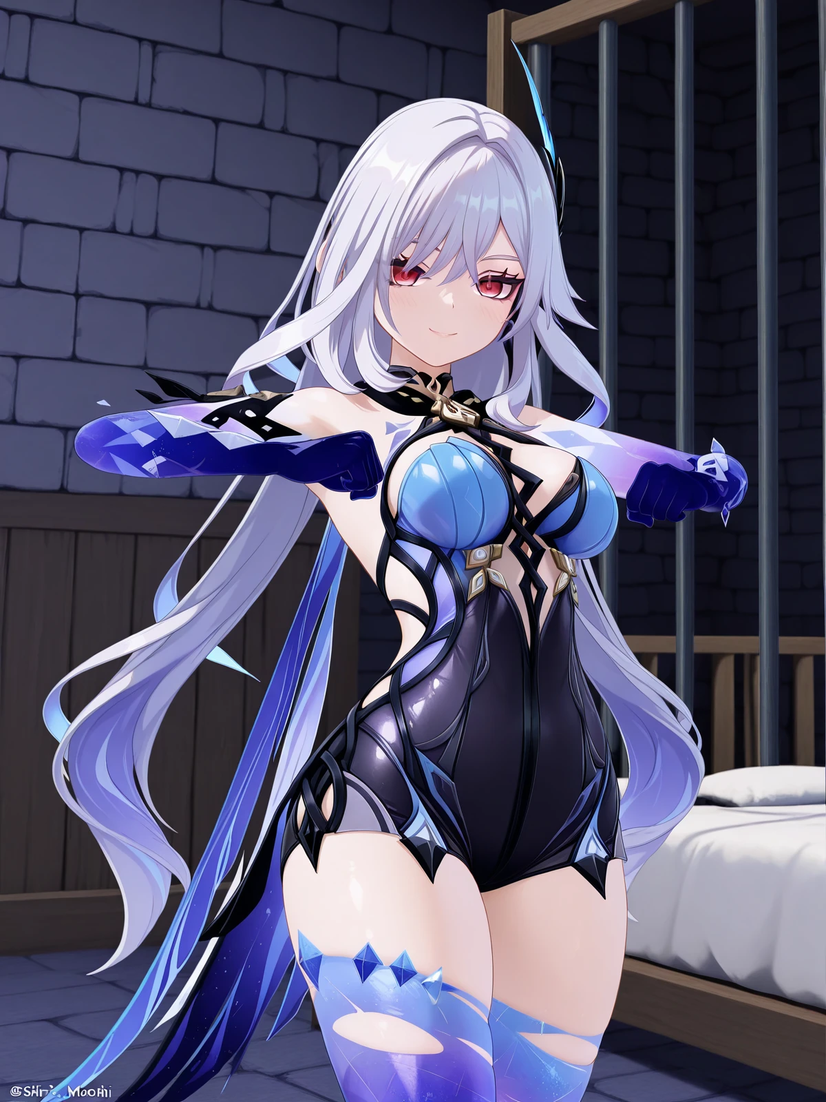 masterpiece, best quality, amazing quality,, <lora:genshin-skirk-ingame-illustriousxl-lora-nochekaiser:1>, skirk, skirt (genshin impact), long hair, bangs, hair ornament, hair between eyes, very long hair, red eyes, white hair, mature female, breasts, 3d, thighhighs, gloves, bare shoulders, black gloves, elbow gloves, leotard, clothing cutout, black leotard, two-tone leotard, blue leotard, blue thighhighs, torn clothes, coattails, zettai ryouiki,, <lora:mochi-mochi-dance-illustriousxl-lora-nochekaiser:1>, mochi mochi dance, clenched hands, hands up, smile, blush, prison cell, bars, bed, stone_walls, isolation, cowboy shot, solo, looking at viewer,