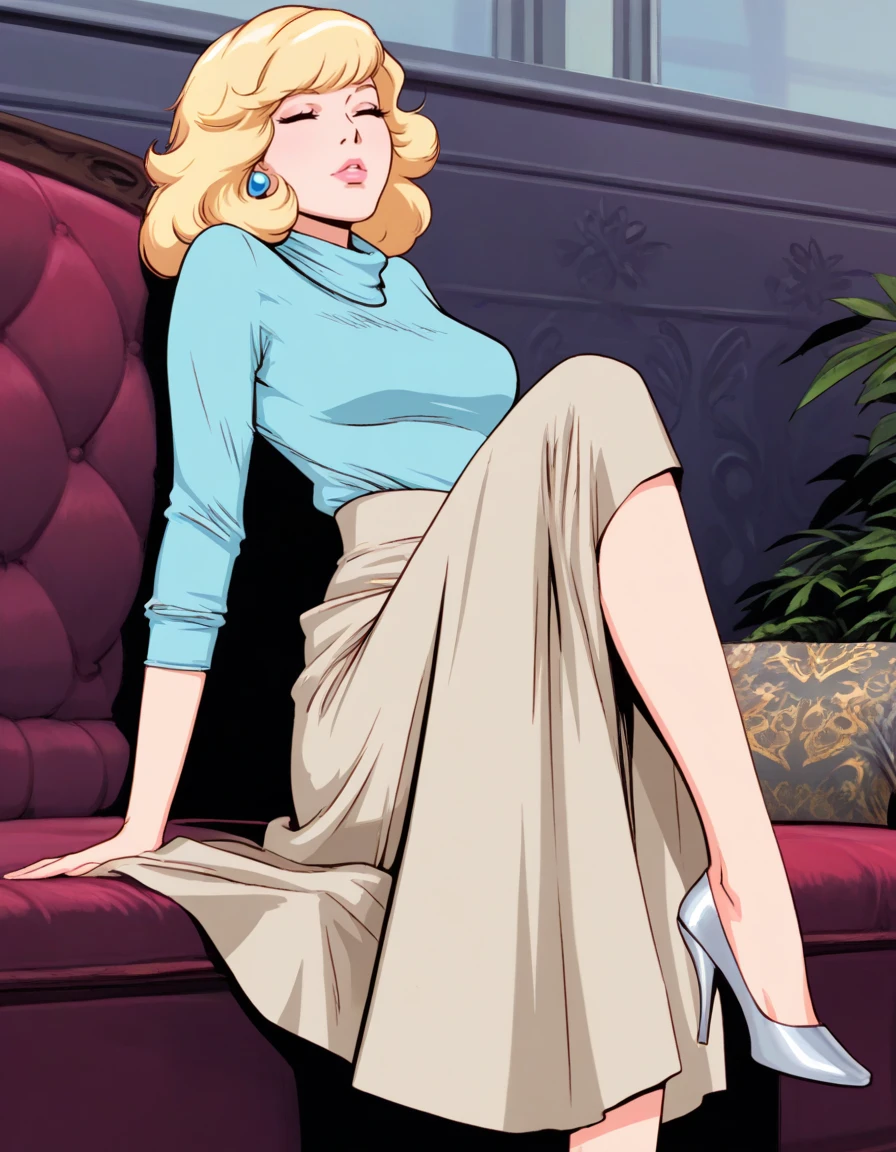 masterpiece, best quality, liz, blond girl, medium hair, bangs, earrings, parted lips, upper teeth, , thin waist, white shirt, pencil beige skirt, long skirt, high heels,
<lora:liz_illu:1.0>