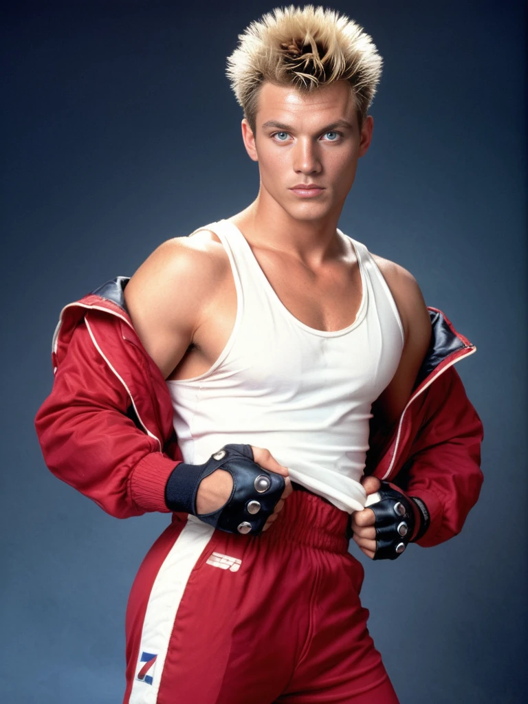 score_9, score_8_up, score_7_up, 1980's, analogue photography, dust, photograph of guy, sports magazine, boxer, B6ck_t0,solo, looking at viewer, short hair, blue eyes, blonde hair, spiked hair, fingerless gloves, red tracksuit, closed mouth, nipples, male focus, pants, open jacket, simple background, black background, vibrant colours, white tanktop
<lora:80s_style-1.0_StalDreams-000006:0.75> b6ck_t0,