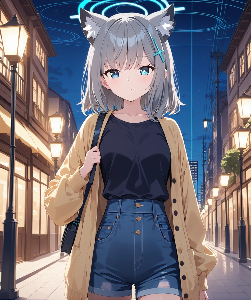 1girl, animal ears, solo, shiroko (blue archive), halo, extra ears, animal ear fluff, shorts, looking at viewer, grey hair, blue eyes, hair ornament, outdoors, blue shorts, shirt, long sleeves, lamppost, night, collarbone, open clothes, bangs, denim, cross hair ornament, black shirt, cowboy shot, jacket, mismatched pupils, belt, breasts, sky, blush, shirt tucked in, medium hair, standing, denim shorts, building, closed mouth, cardigan, open jacket, parted lips, bag, medium breasts, cat ears, night sky