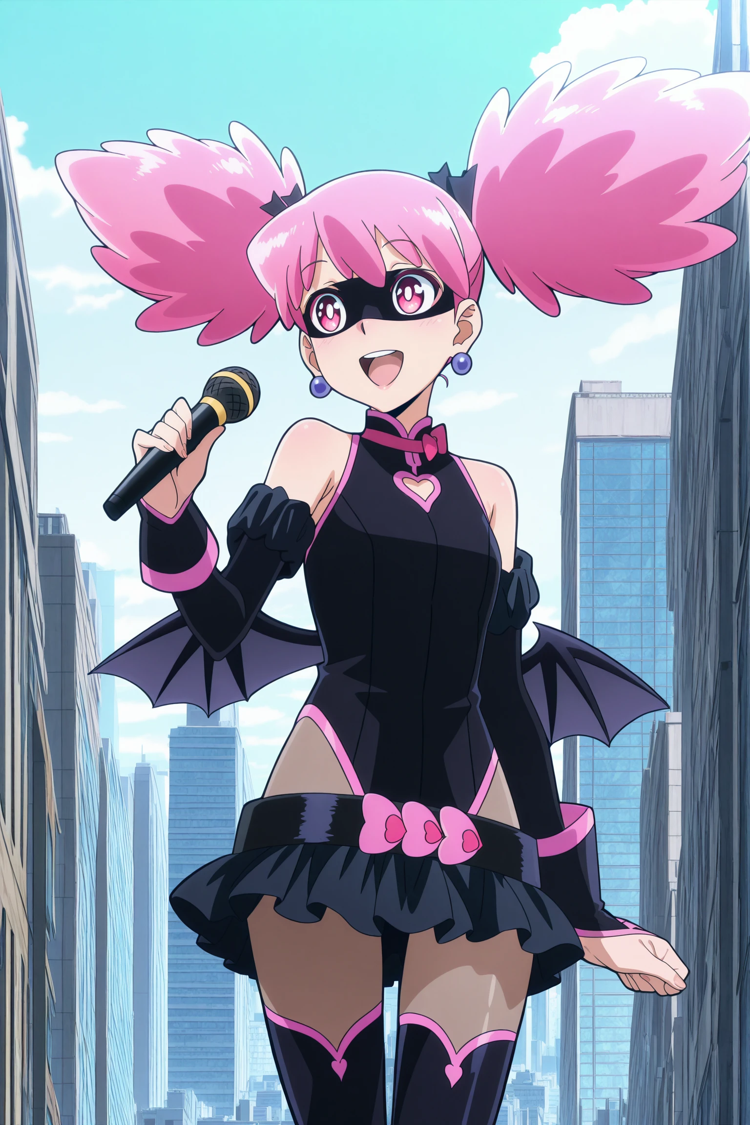 anime screencap, anime coloring, detailed face, masterpiece, best quality, very aesthetic, absurdres, official style, official art, amazing quality, ultra detailed, highres, scenery, beautiful detailed hair, beautiful detailed eyes,
<lora:StS-Illustrious-Detail-Slider-v1.0:4>
outside, city,
 <lora:Kazuho_Haneyama_PopStep_Pop_Step_My_Hero_Academia_Vigilantes:1>
Pop Step's main outfit (appearance), Pop Step (character), 1girl, solo, wings, pink hair, mask, twintails, thighhighs, open mouth, jewelry, earrings, pink eyes, happy girl, holding a microphone