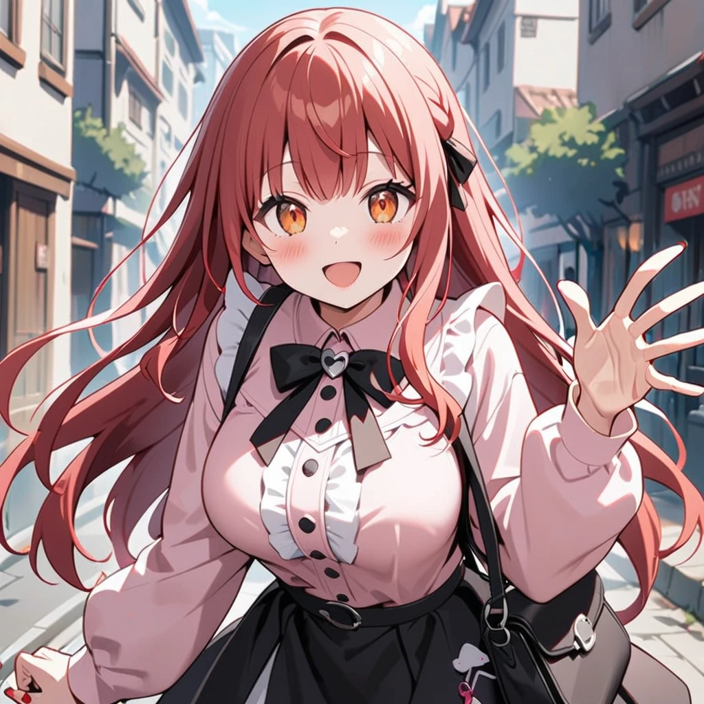1girl, solo, virtual youtuber, skirt, red hair, bag, long hair, smile, outdoors, open mouth, looking at viewer, jirai kei, pink shirt, long sleeves, handbag, breasts, black skirt, shirt, orange eyes, waving, bangs, ****, building, :d, blush, black ribbon, large breasts, cowboy shot, nail polish, frills, day, ribbon