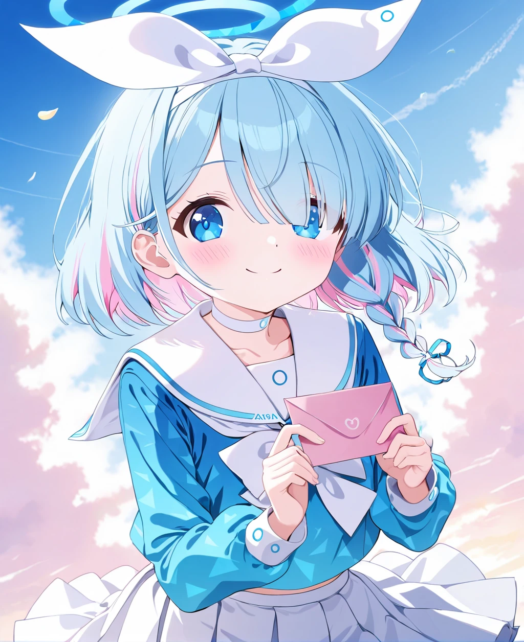 arona (blue archive),1girl, arona (blue archive), solo, smile, blue eyes, blue hair, white choker, halo, white sailor collar, looking at viewer, multicolored hair, sky, pink hair, school uniform, braid, blue shirt, cloud, choker, sailor collar, shirt, blush, holding, hair over one eye, bangs, blue sky, white skirt, long sleeves, bow, hairband, white bow, serafuku, holding envelope, day, closed mouth, skirt, bow hairband, two-tone hair, short hair, single braid, colored inner hair, cloudy sky