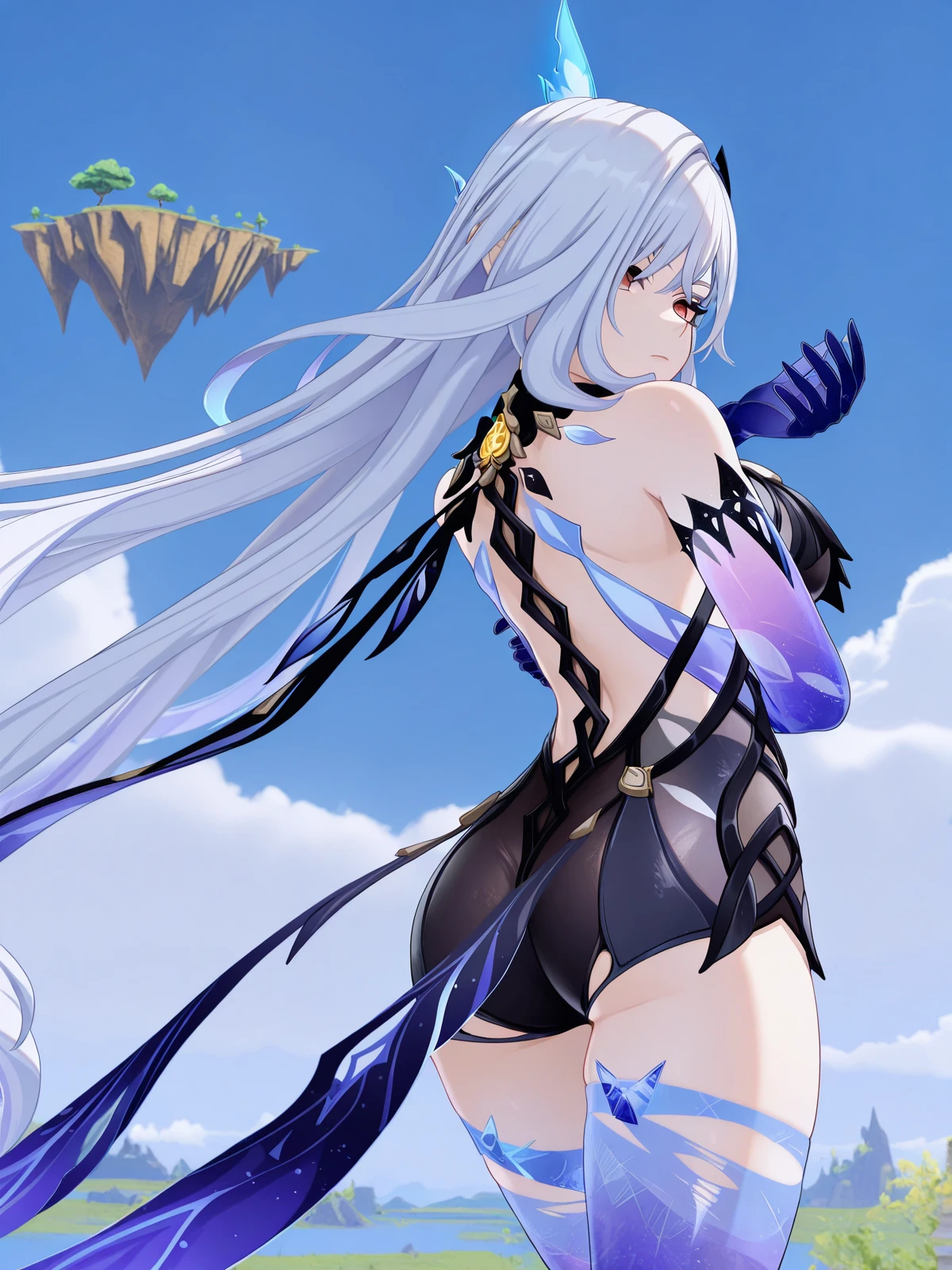 masterpiece, best quality, amazing quality,, <lora:genshin-skirk-ingame-illustriousxl-lora-nochekaiser:1>, skirk, skirt (genshin impact), long hair, bangs, hair ornament, hair between eyes, very long hair, red eyes, white hair, mature female, breasts, 3d, thighhighs, gloves, bare shoulders, black gloves, elbow gloves, leotard, clothing cutout, black leotard, two-tone leotard, blue leotard, blue thighhighs, torn clothes, coattails, zettai ryouiki,, <lora:dio-brandos-pose-illustriousxl-lora-nochekaiser:1>, dio brandos pose, dio brando's pose (jojo), from behind, jojo pose, standing, upper body, floating island, sky, clouds, greenery, magical, cowboy shot, solo, looking at viewer,
