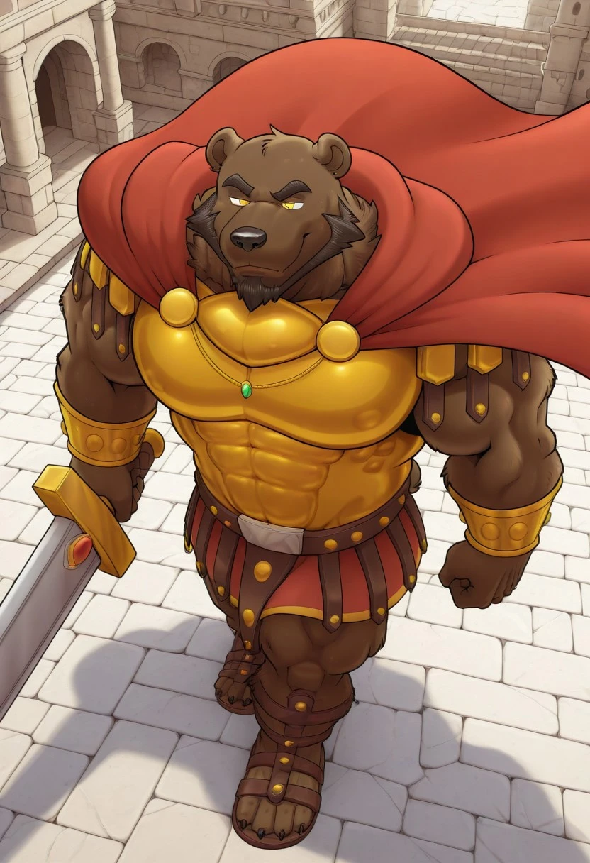N3r0 (rubberbuns), solo, furry, bear boy, short tail, yellow eyes, muscular, masculine, mature male, bara, large pectorals, dynamic angle, from above, close up, greco-roman clothes, gold breastplate, red cape, gold bracer, sandals, posing, holding great sword, unparalleled masterpiece, high resolution, amazing quality, very aesthetic, extremely-detailed, beautiful, detailed background, castle, newest