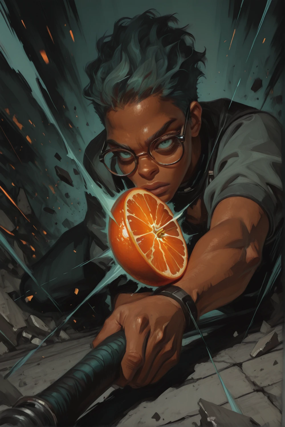 ,lazypos,  <lora:Semiu_Grier_from_Gachiakuta__Villys_LoRa-000006:1> glasses, manga-style, dark-skinned, Semiu Grier mid-battle, swinging her weapon with intense force, glowing energy trails, fierce expression, dynamic camera angle, debris flying around, dark and moody atmosphere of the Abyss, detailed anime-style shading, color scheme matching Gachiakuta's aesthetic (muted teal, deep oranges, and grays), ultra-realistic details, 8K  <lora:NIJI:1> niji