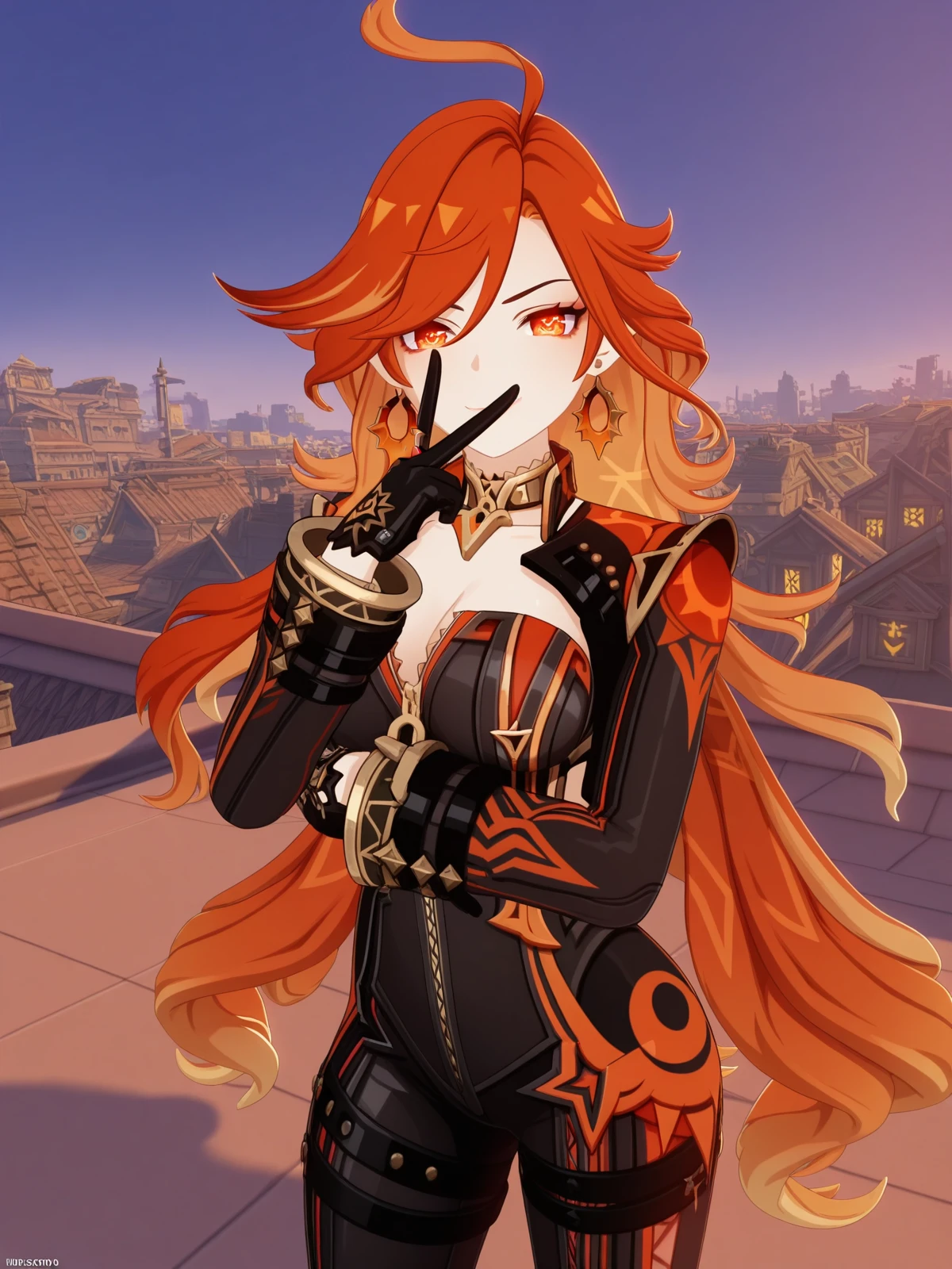 masterpiece, best quality, amazing quality,, <lora:genshin-mavuika-ingame-illustriousxl-lora-nochekaiser:1>, mavuika, mavuika (genshin impact), ahoge, long hair, red eyes, very long hair, blonde hair, symbol in eye, glowing, mature female, breasts, 3d, choker, biker clothes, bikesuit, black bodysuit, black gloves, cleavage, earrings, gloves, jewelry, long sleeves,, v, v over mouth, smug,, rooftop, view, height, buildings, sky, cowboy shot, solo, looking at viewer,