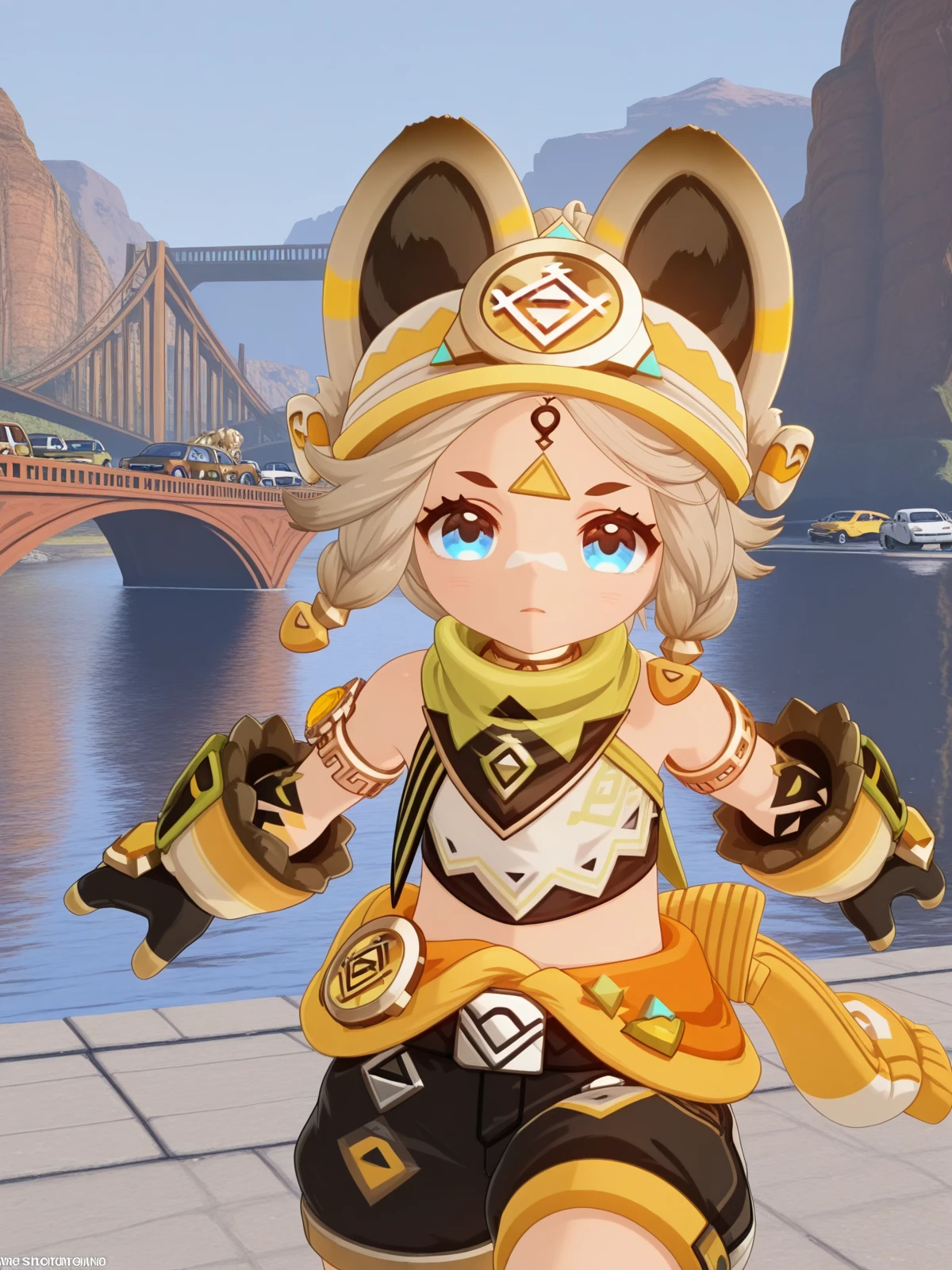 masterpiece, best quality, amazing quality,, <lora:genshin-kachina-ingame-illustriousxl-lora-nochekaiser:1>, kachina, kachina (geshin impact), short hair, blue eyes, blonde hair, animal ears, grey hair, braid, twin braids, facial mark, 3d, gloves, shorts, black gloves, belt, black shorts, shirt, scarf, green scarf, bare shoulders, armlet,, <lora:dynamic-pose-illustriousxl-lora-nochekaiser:1>, dynamic pose, midair, cowboy shot, bridge, connection, water, road, cars, cowboy shot, solo, looking at viewer,