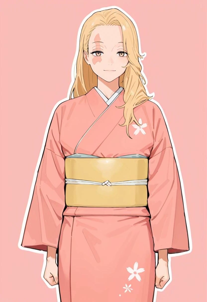 masterpiece, best quality,
1girl, solo,
standing, 
looking at viewer, light smile,
simple background, pink background, white outline,
<lora:Hintobento:0.7> h1nt0b3nt0sknsfw,
 <lora:Yui:1> Y01j1g0, long hair, blonde hair, facial mark,
japanese clothes, kimono, pink kimono, sash, obi,