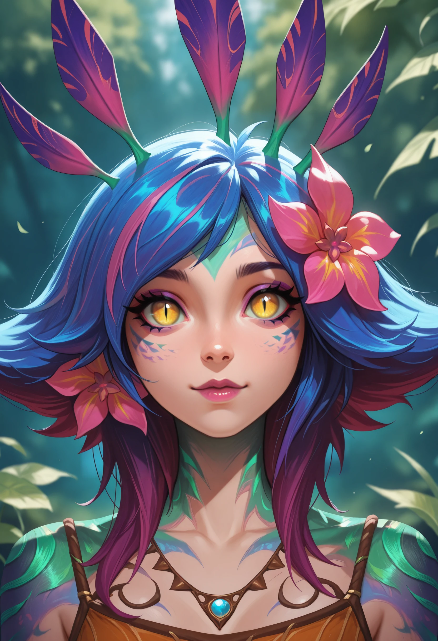 very awa, masterpiece, best quality, absurdres, newest, perfect quality, detailed background, intricate details
<lora:ILLOLNeeko:1>
LOLNeeko, 1girl, hair flower, hair ornament, blue hair, pink flower, yellow eyes, flipped hair, medium hair, multicolored hair, slit pupils, looking at viewer, portrait